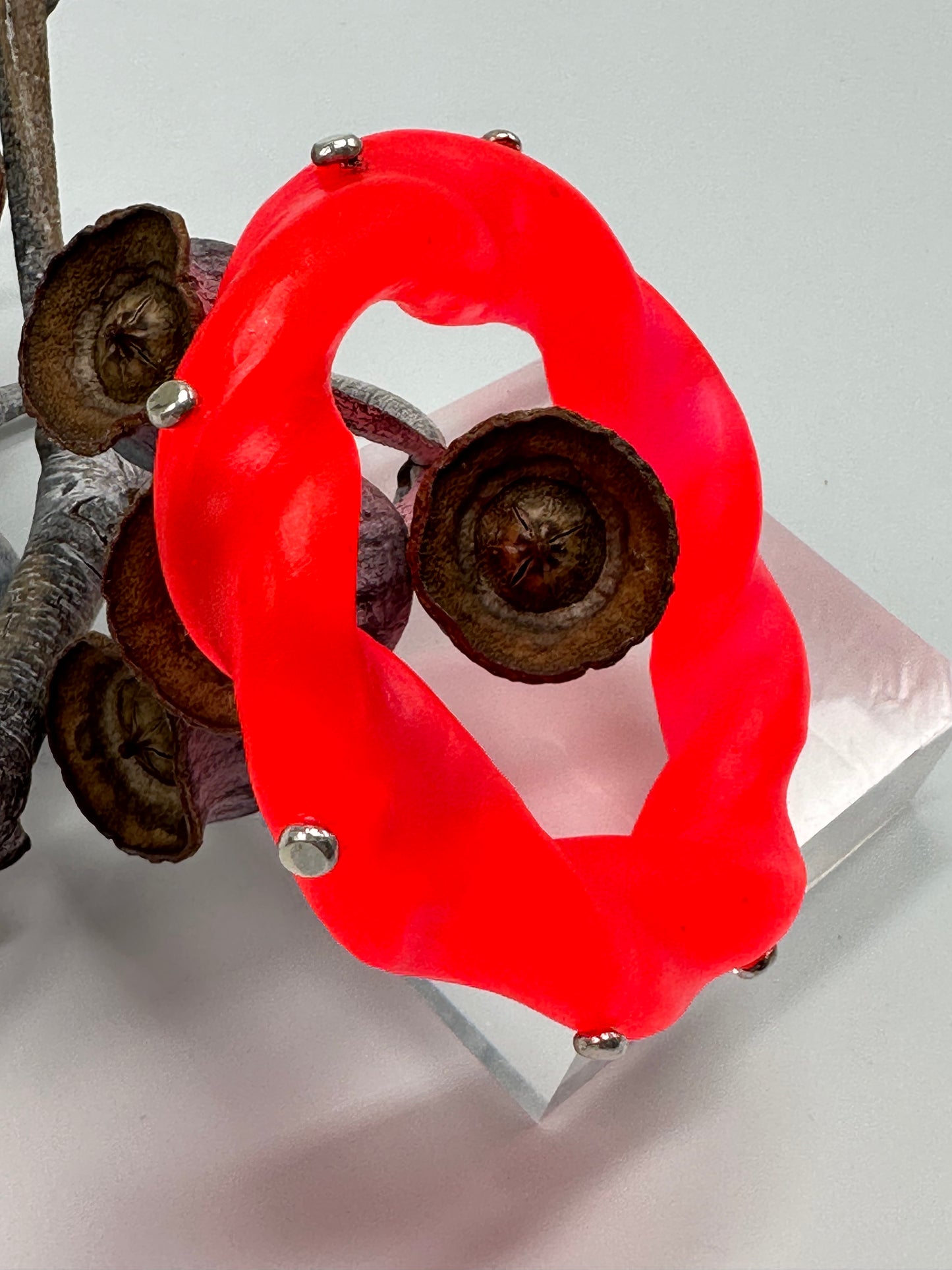 Neon Red Chunky twist resin & silver bangle