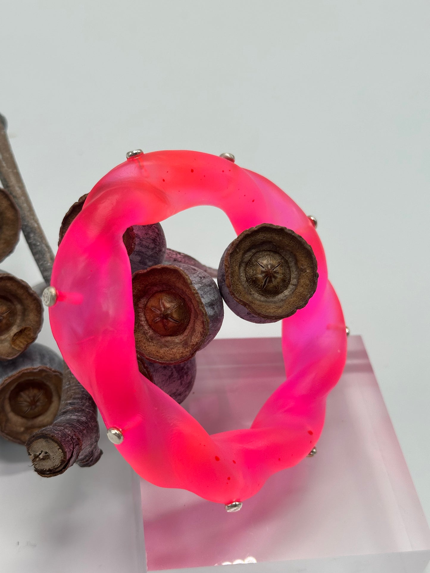 Neon Pink Chunky twist resin & silver bangle