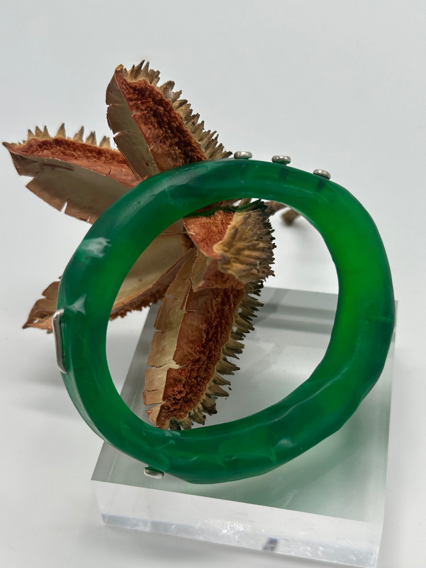 Jade Green & white resin & silver 'woopy' bangle