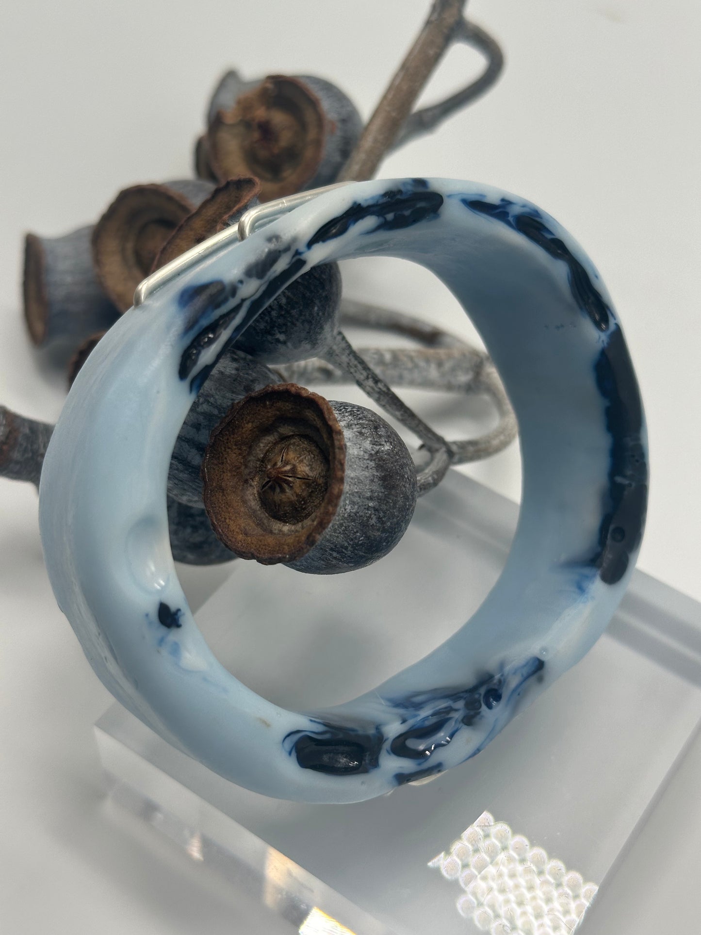 Baby Blue & Navy XL Irregular KWD Resin & Silver Bangle