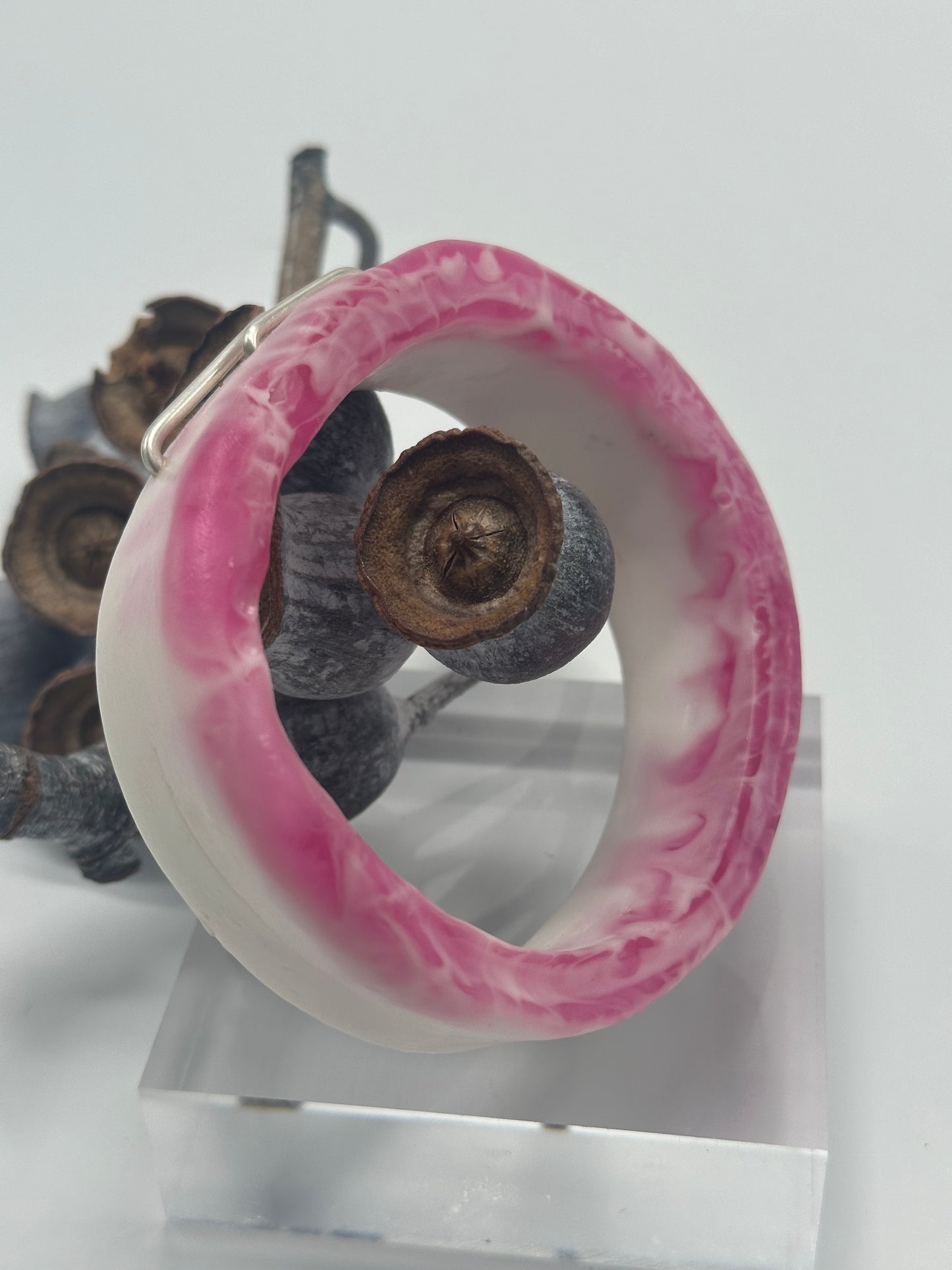 Strawberry Red & White XL Irregular KWD Resin & Silver Bangle