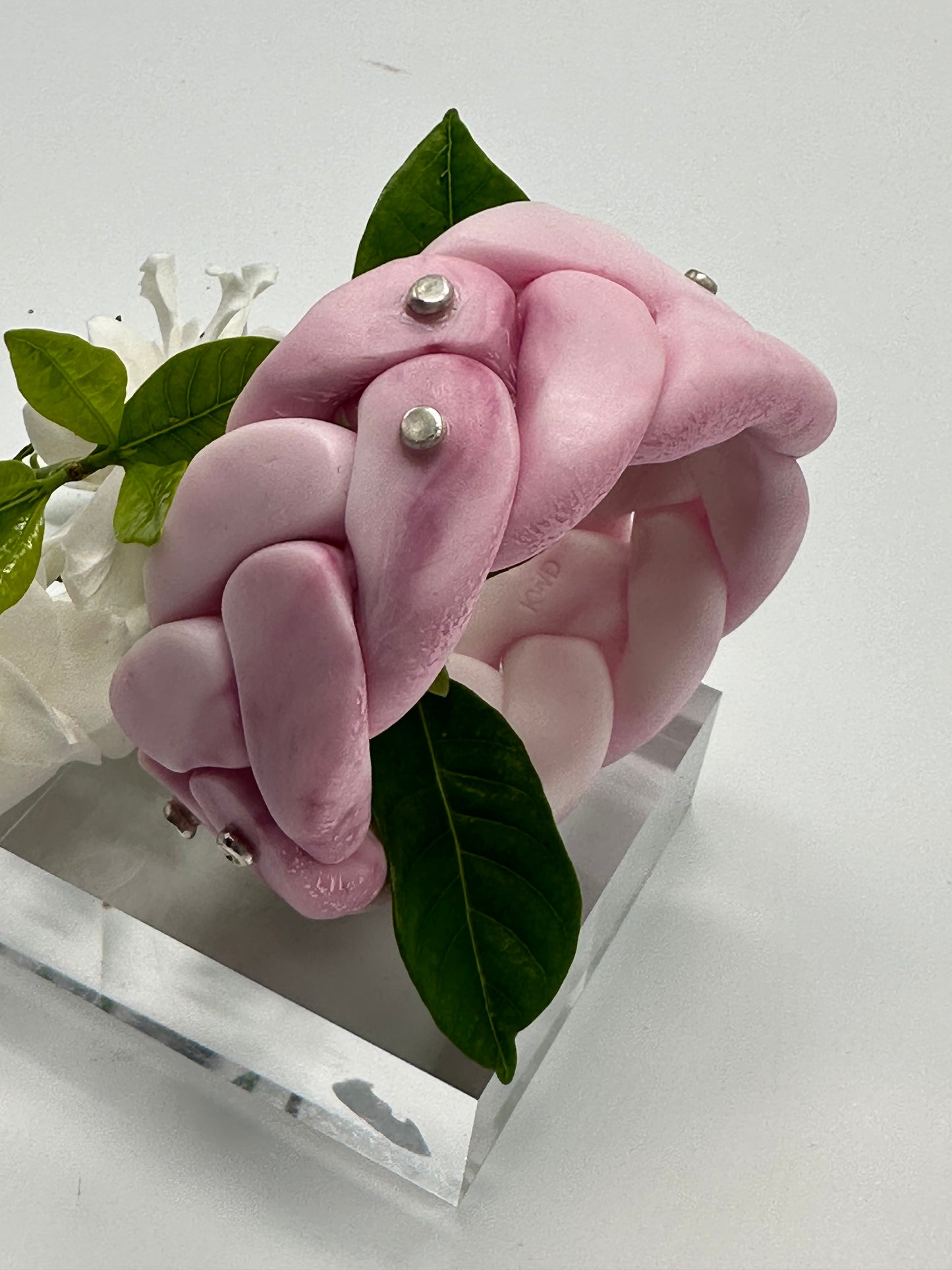 Marbled Pink coloured Plaited Resin and silver bangle