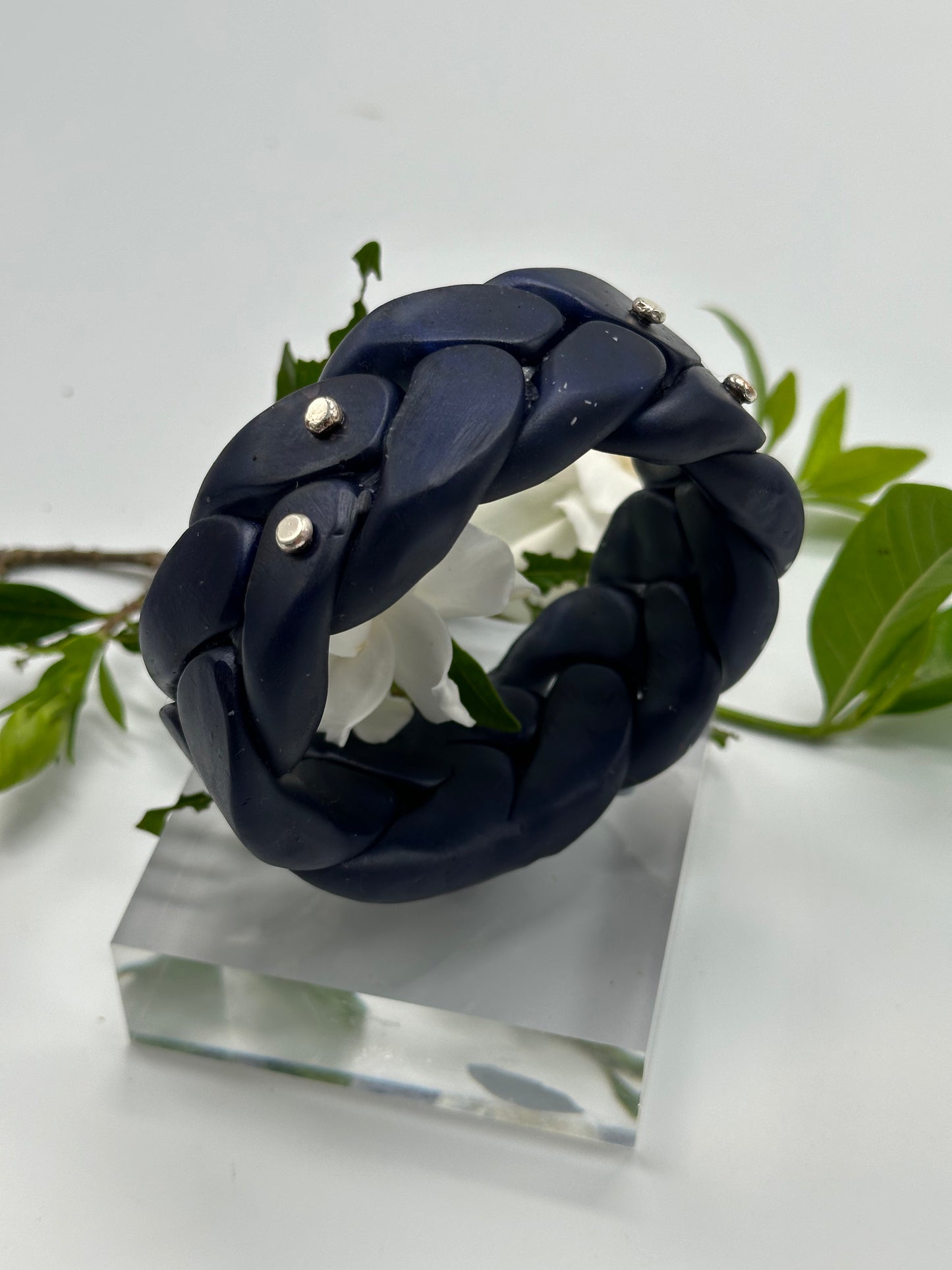 Navy Plaited Resin and silver bangle