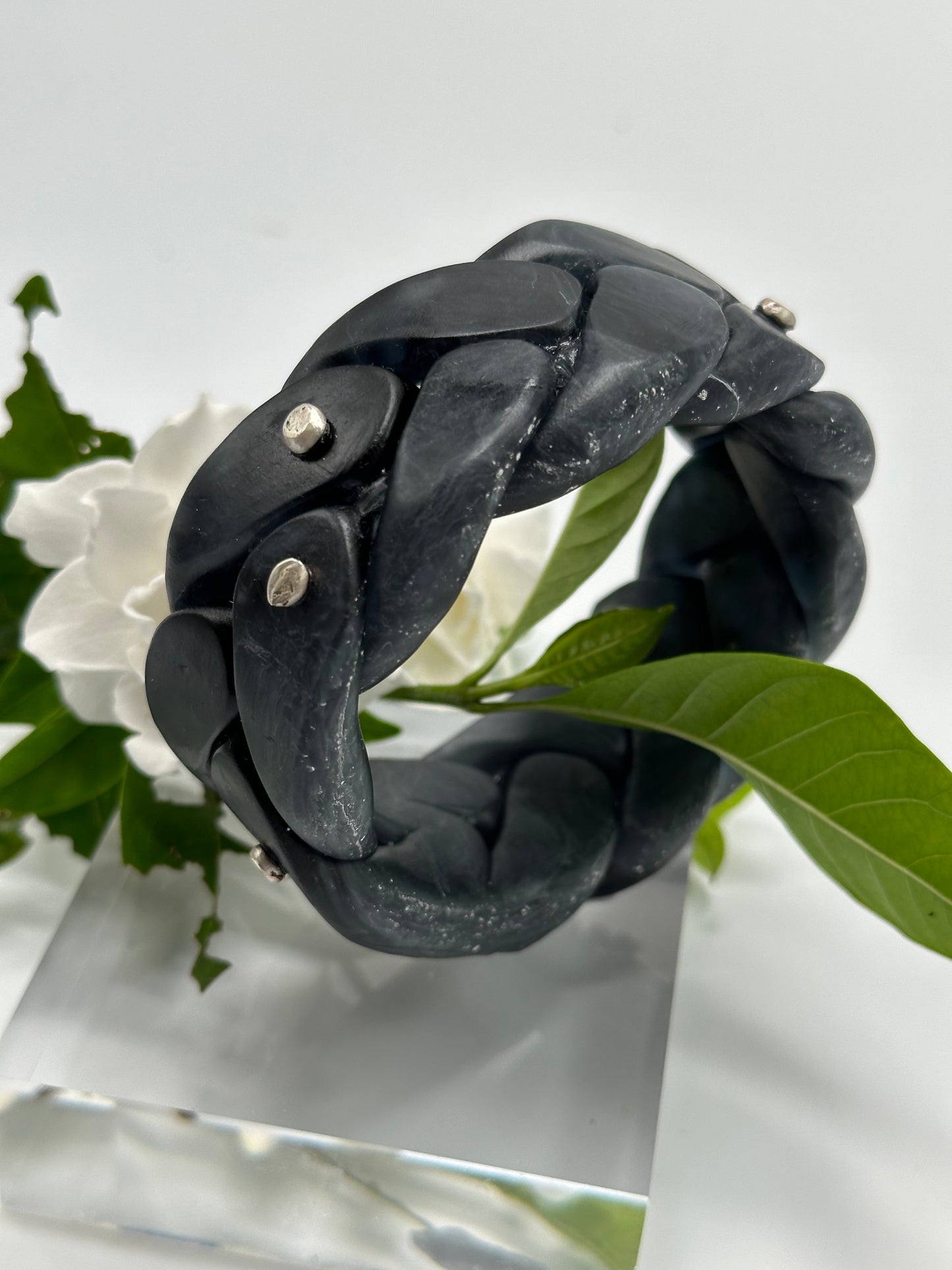Black & white speckled Plaited Resin and silver bangle
