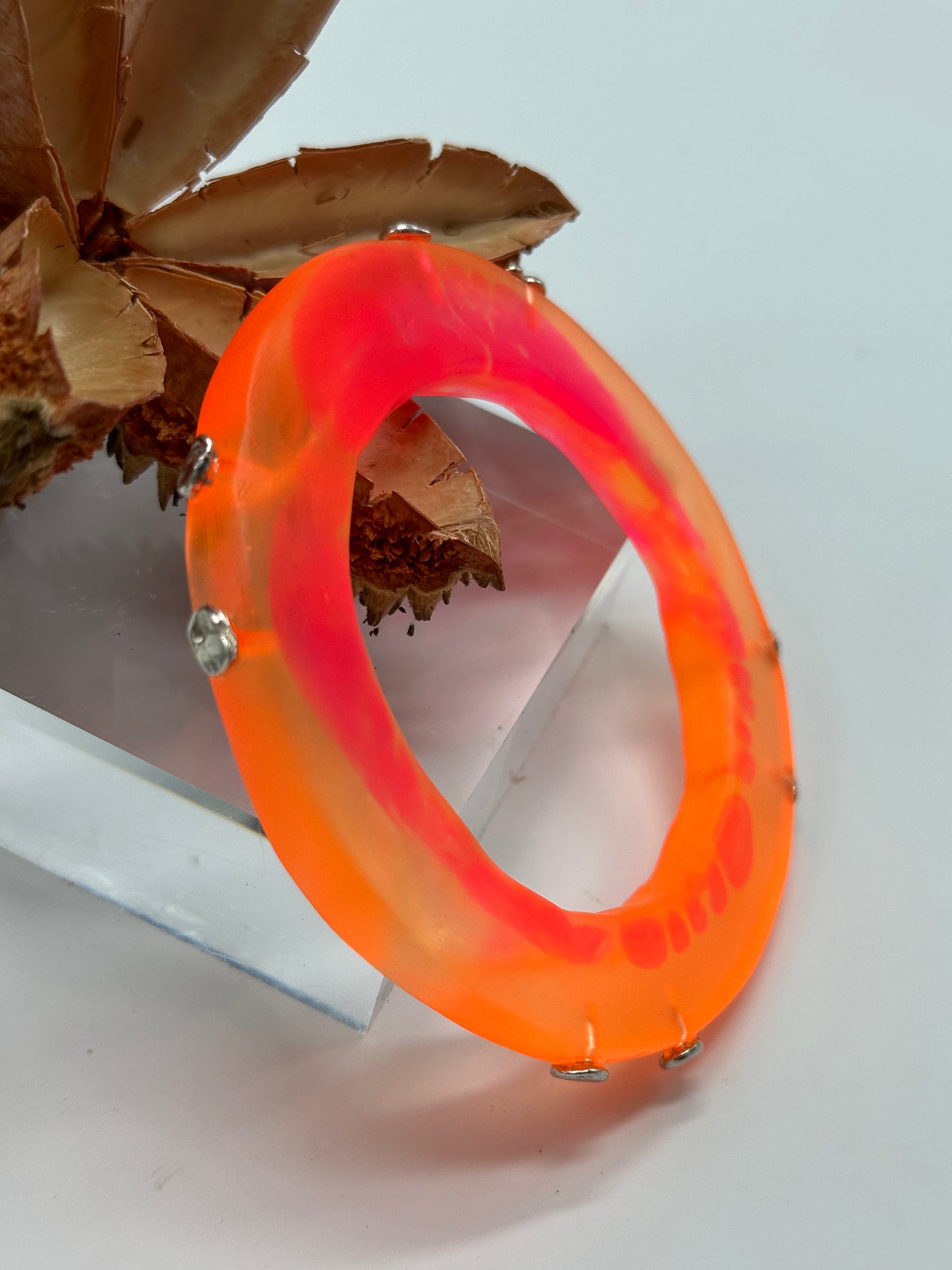 Neon Orange/Pink Irregular Flat Resin and sterling silver nugget bangle
