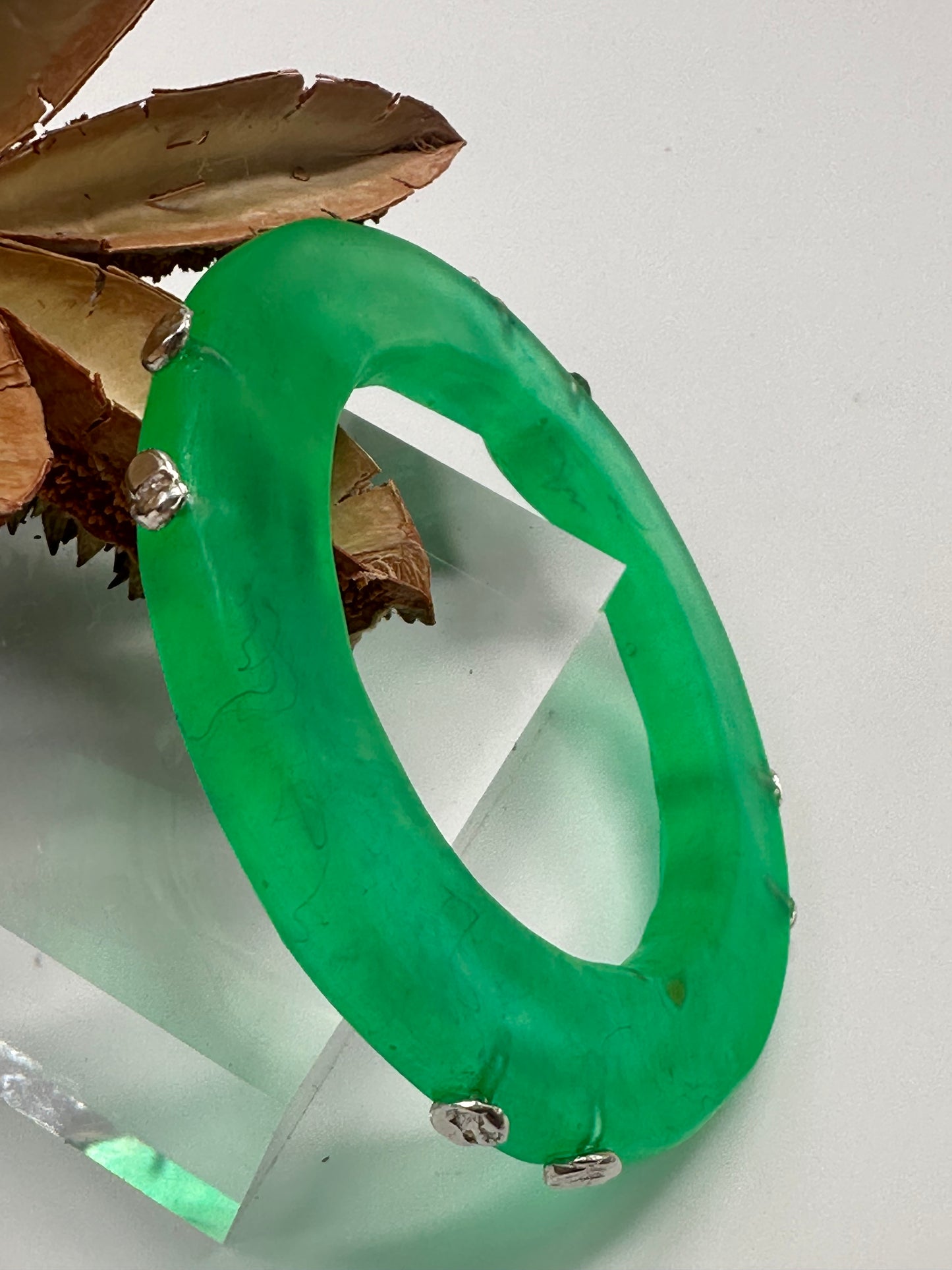 Pale Green Irregular Flat Resin and sterling silver nugget bangle
