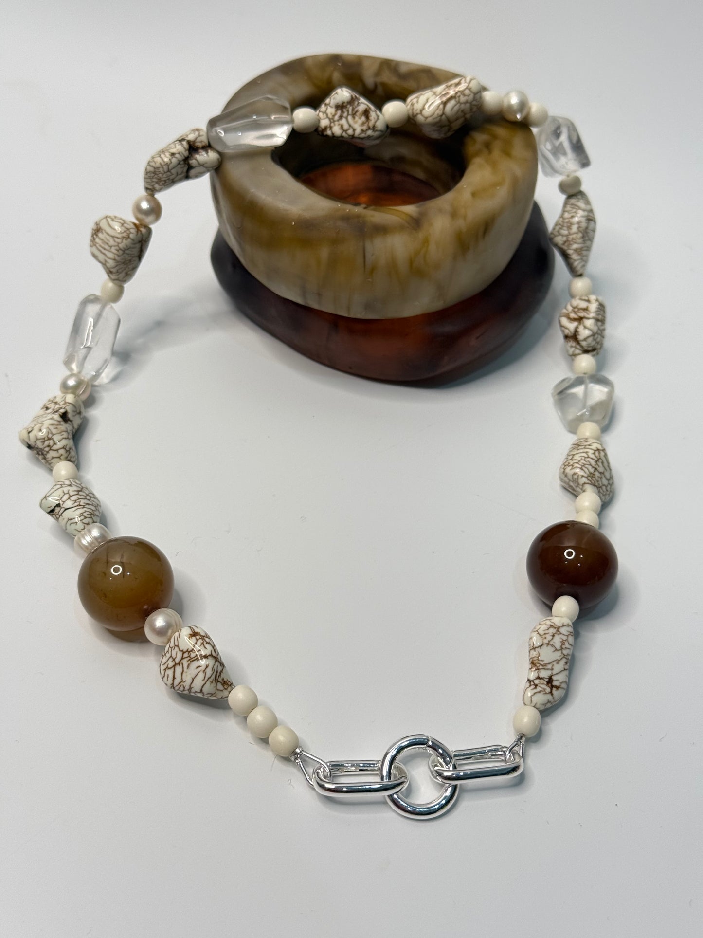 Brown combination of semi precious beads with silver catches