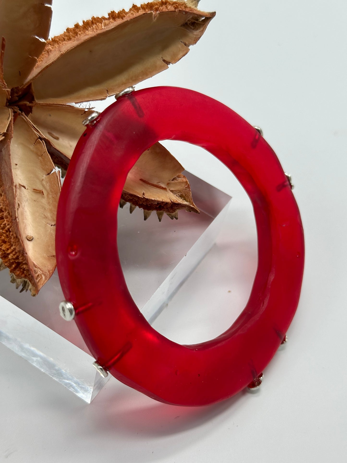 Red Irregular Flat Resin and sterling silver nuigget bangle