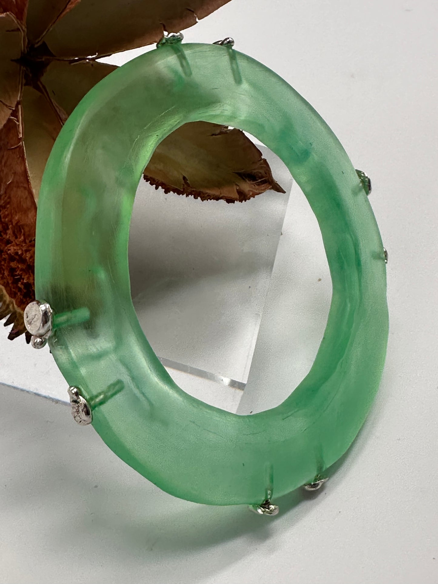 Pale Green Irregular Flat Resin and sterling silver nugget bangle