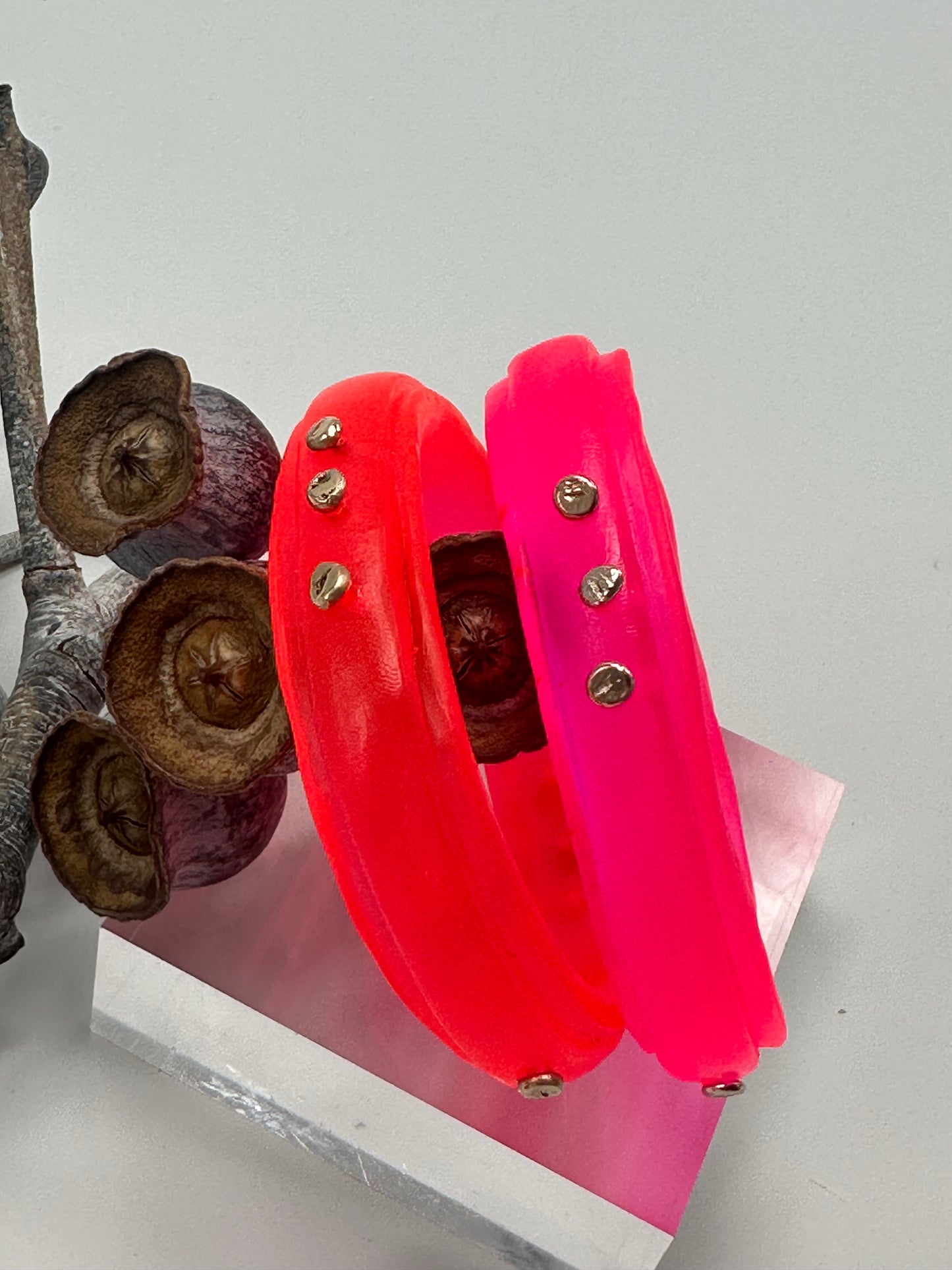 Neon Red rim bangle with gold nuggets
