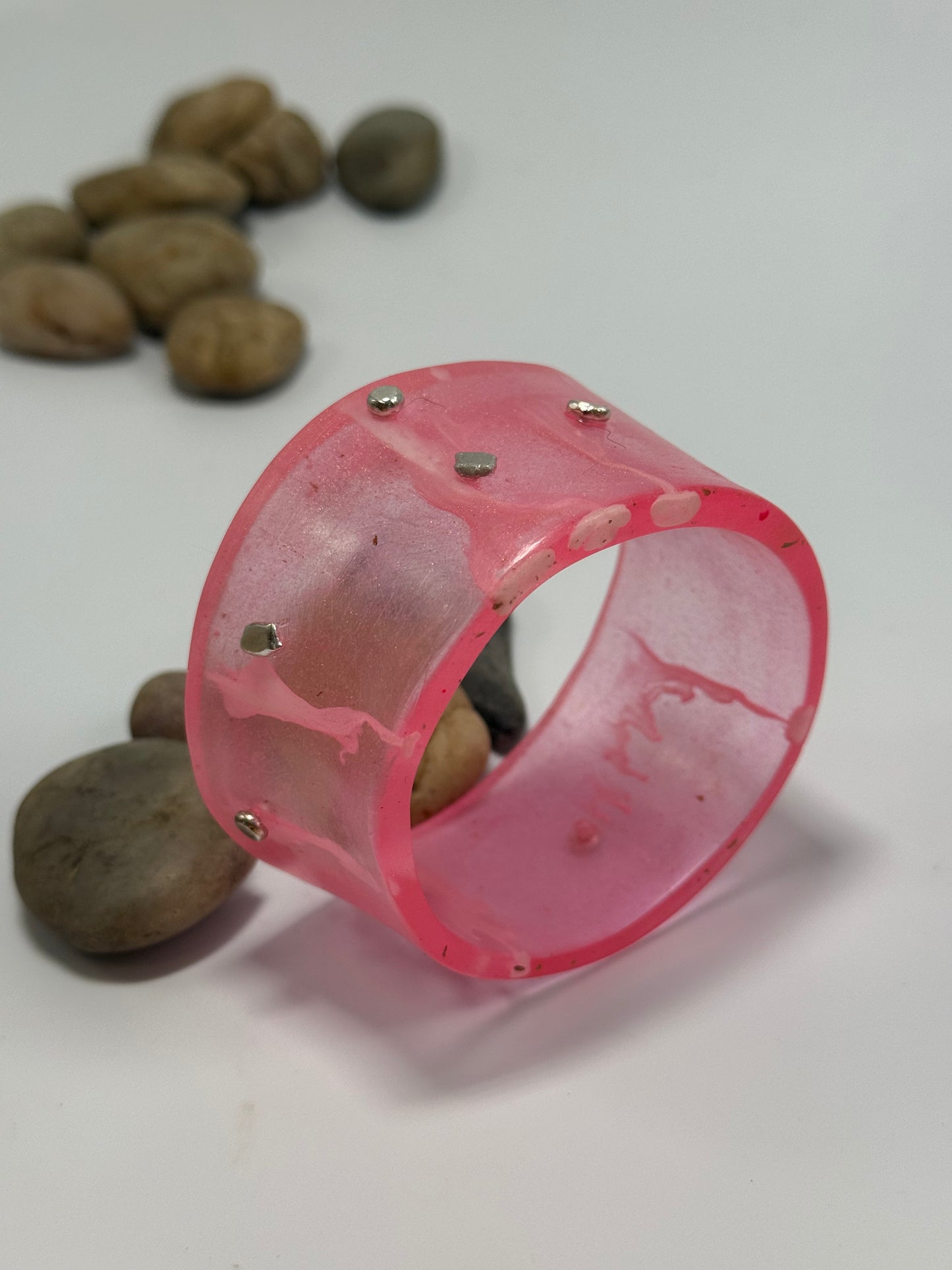 Wide Pink/white Resin & silver Cuff