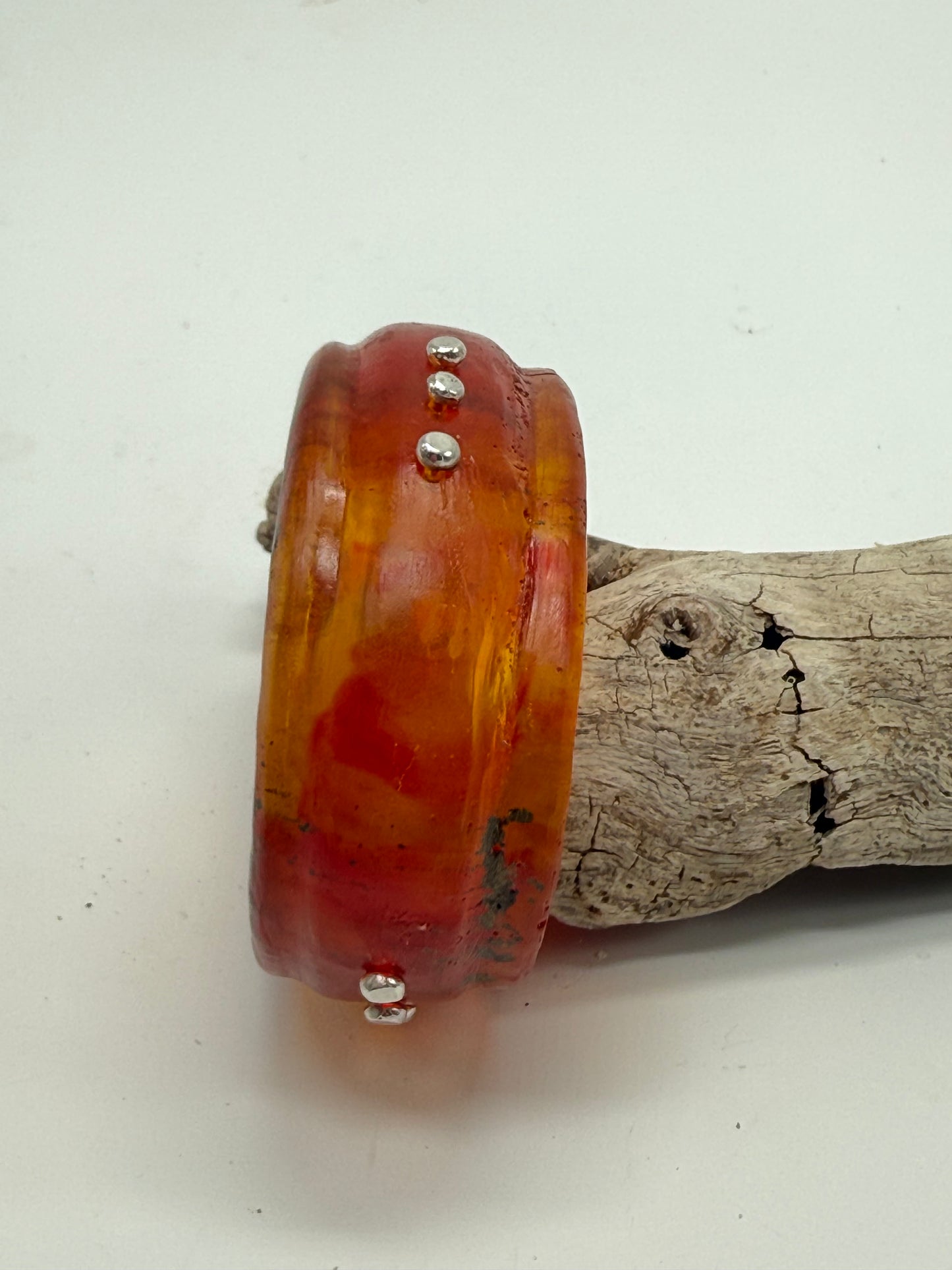 Red/Orange/Brown Oval Thick Rim Resin & silver wide bangle - XS hand size