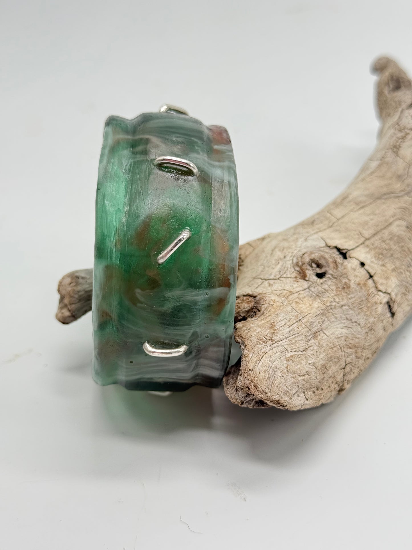 Green/Brown/White Oval Thick Rim Resin & silver wide bangle - regular hand size