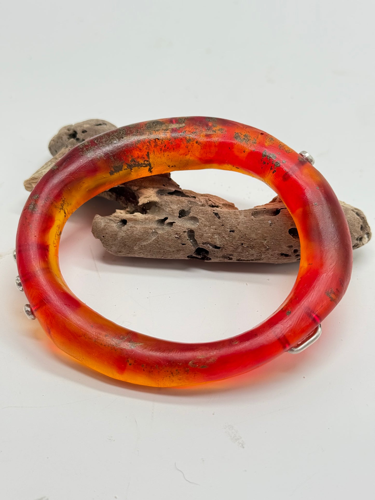 Red/Orange/Brown resin and silver 'woopy' bangle - regular size