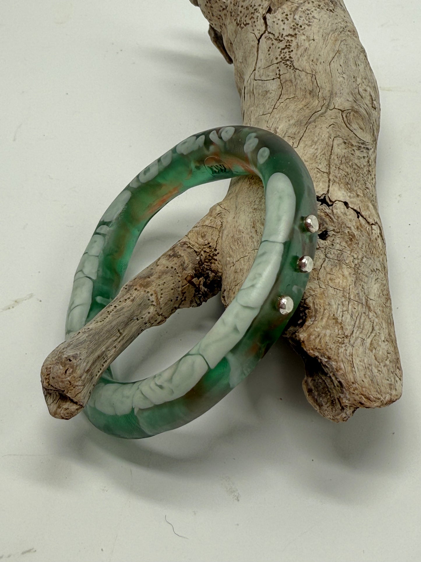 Green/Brown/White woopy bangle with Sterling silver- XL