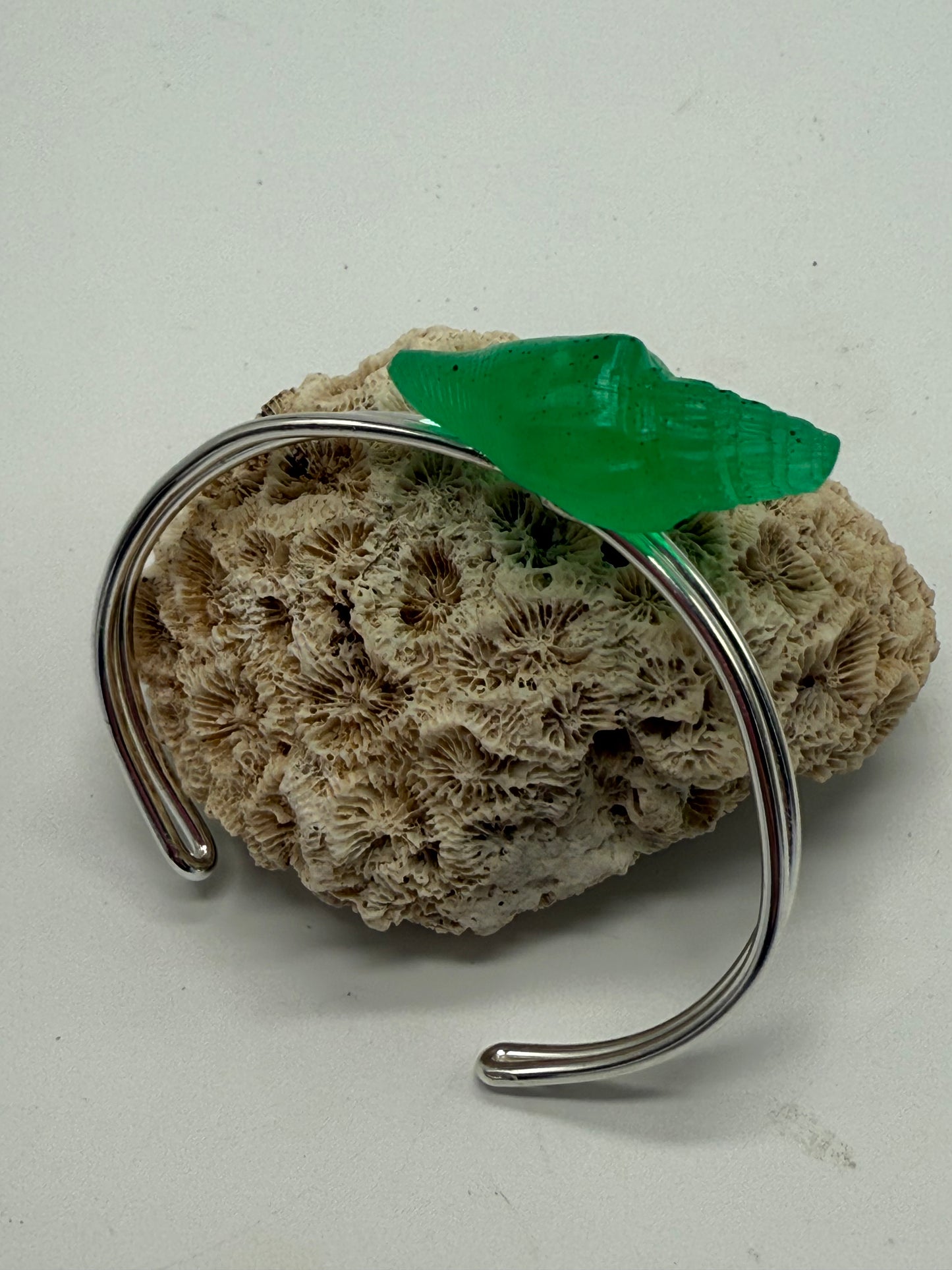 Sterling Silver cuff with Pale Jade Green resin Conch shell