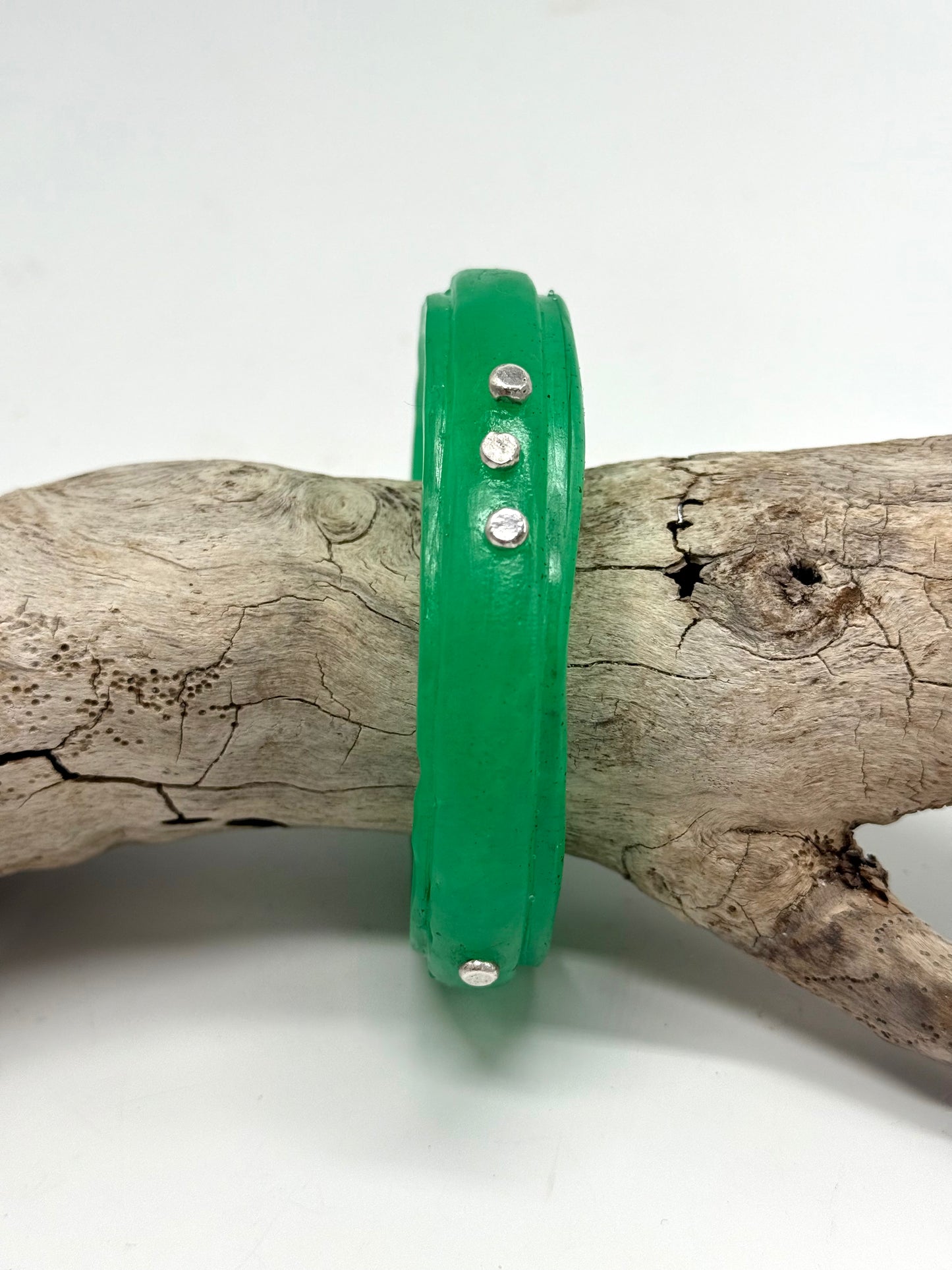 Pale Jade Green Rim resin bangle with Sterling silver