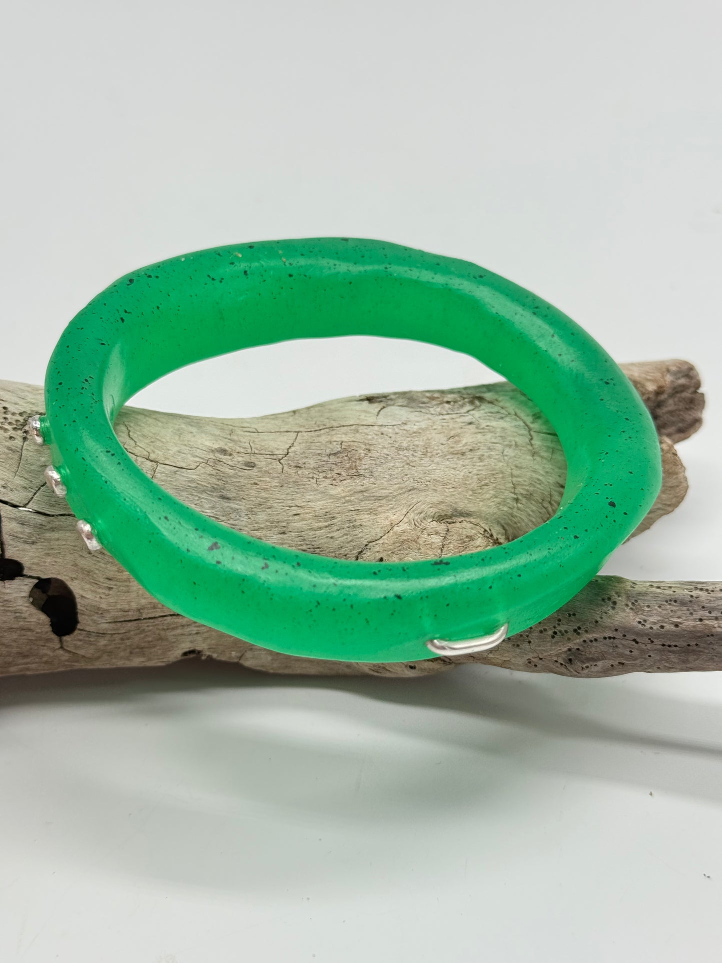 Pale Jade Green resin and silver 'woopy' bangle - regular size