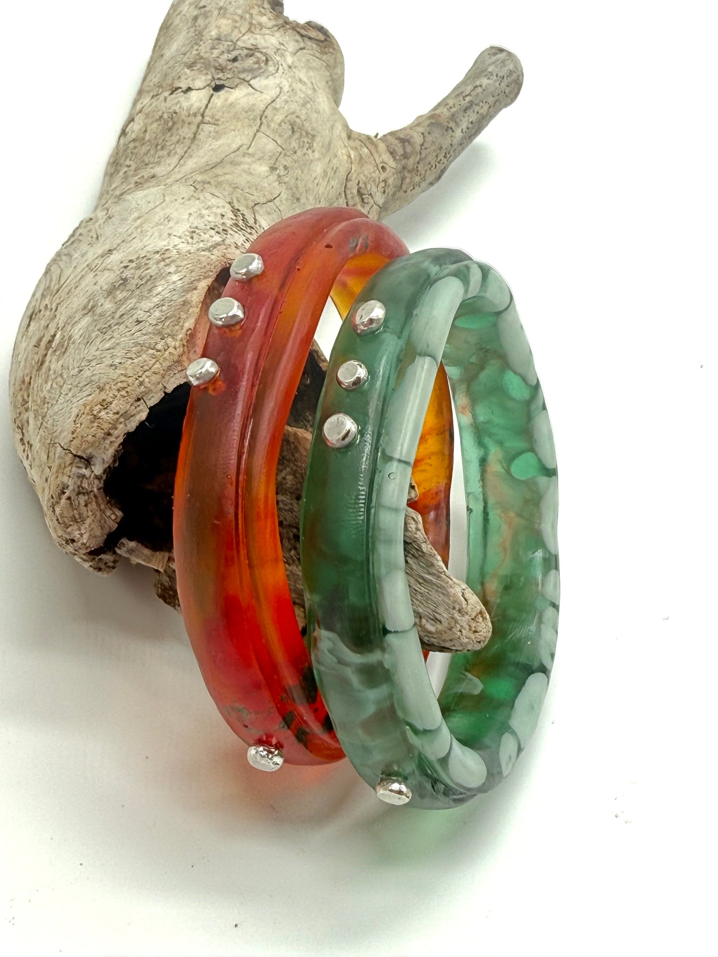 Green/Brown/White Rim resin bangle with Sterling silver