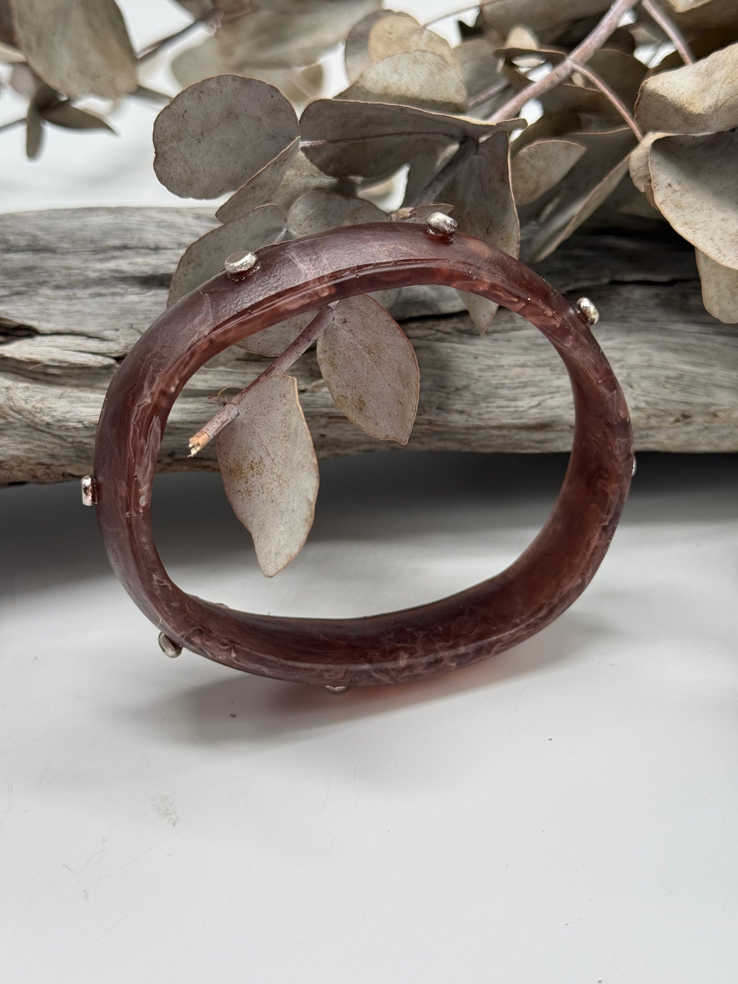 Brown/White swirl Rim resin bangle with Sterling silver XL