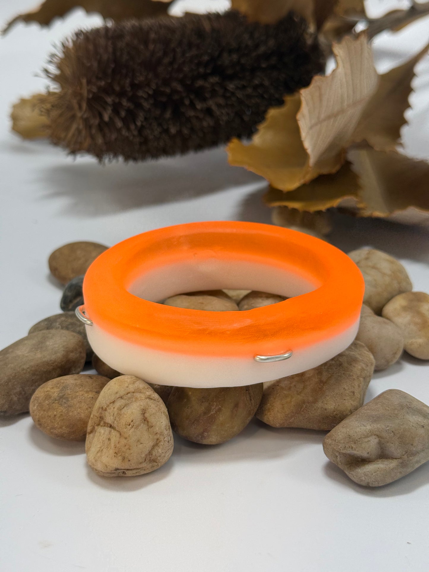 Orange/white swirl 'Victoria' KWD Resin & silver Bangle