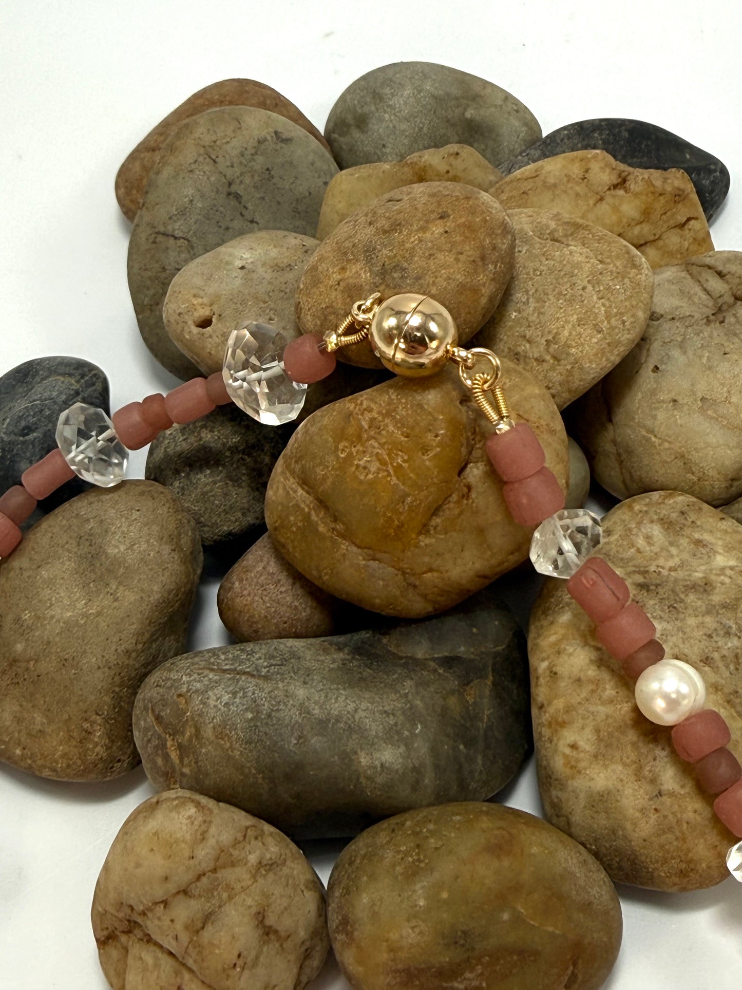 Semi Precious Pink/white and clear stones Necklace with magnetic clasp