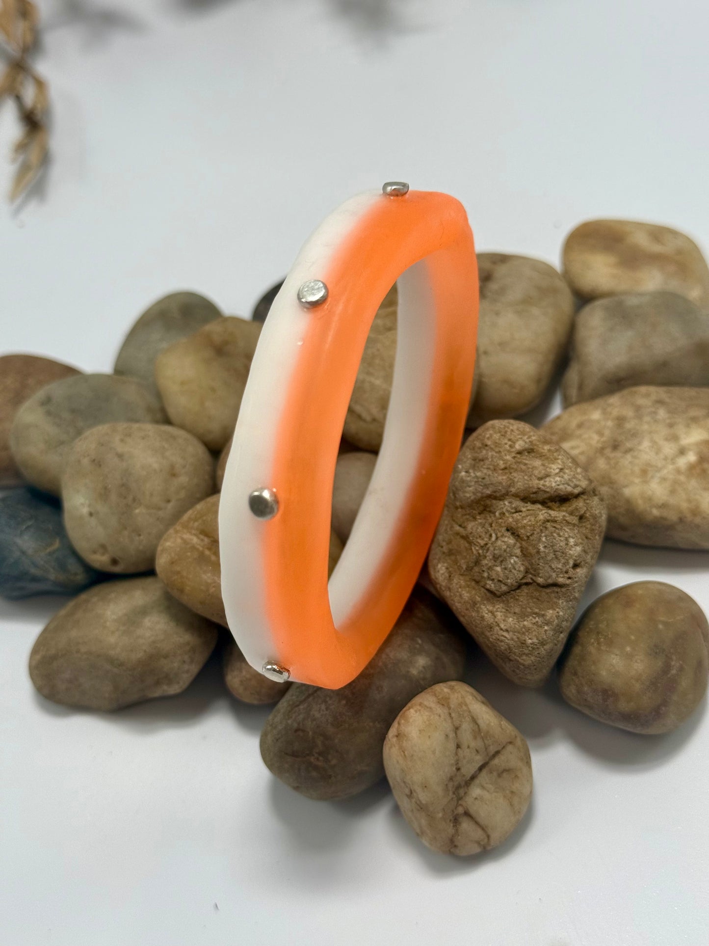 Orange & white resin Thick KWD Classic & silver Bangle