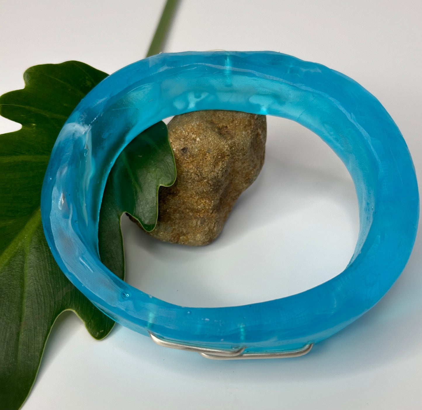 Aqua/White swirl XL Irregular KWD Resin & Silver Bangle