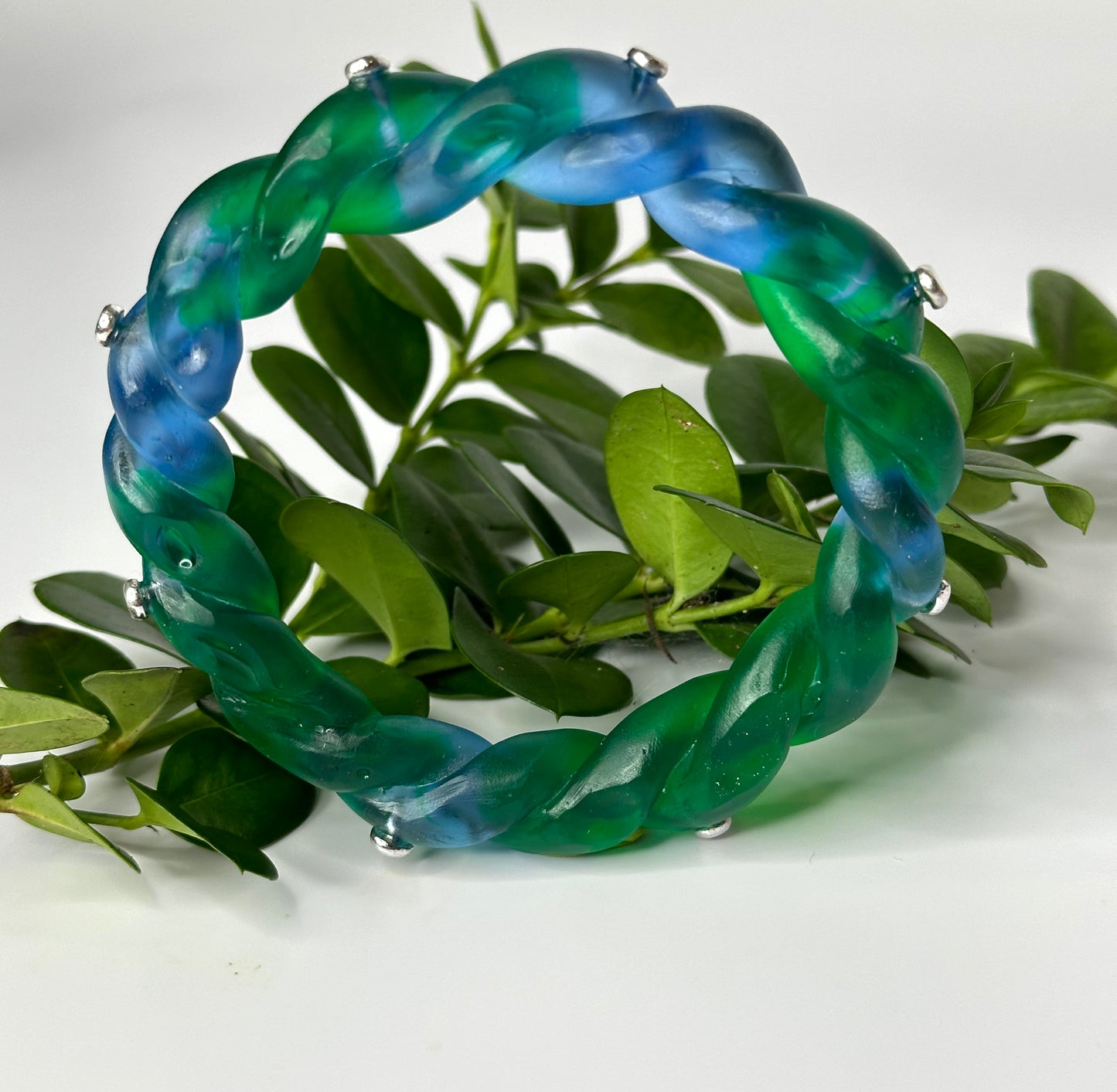 Multi coloured Blue & Green twisted resin & silver bangle