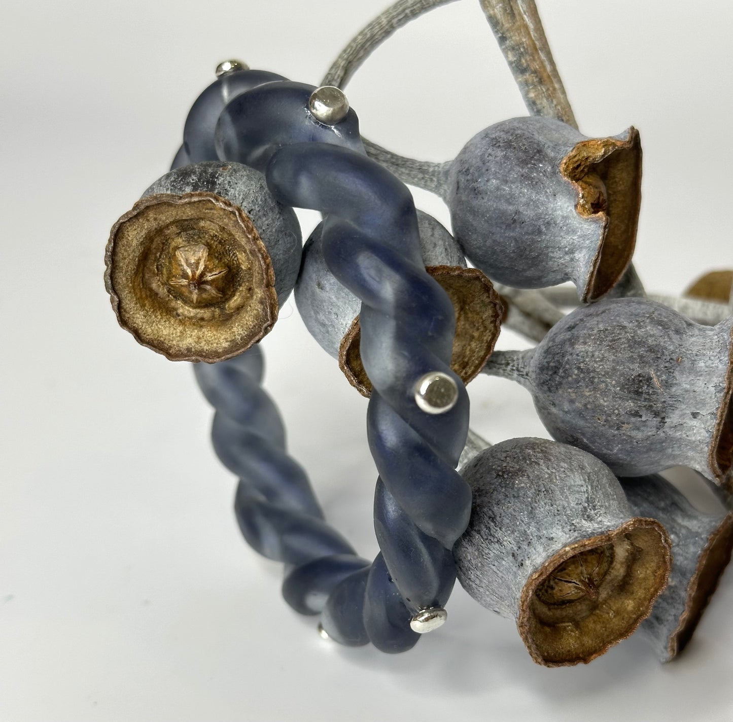 Dusty Blue/white swirl twisted resin & silver bangle