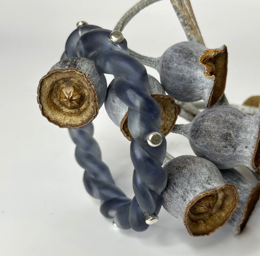 Dusty Blue/white swirl twisted resin & silver bangle