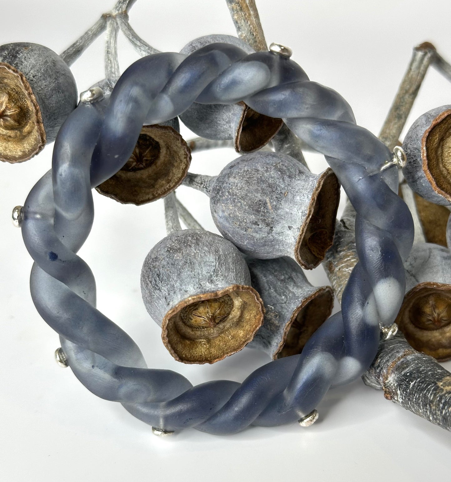 Dusty Blue/white swirl twisted resin & silver bangle