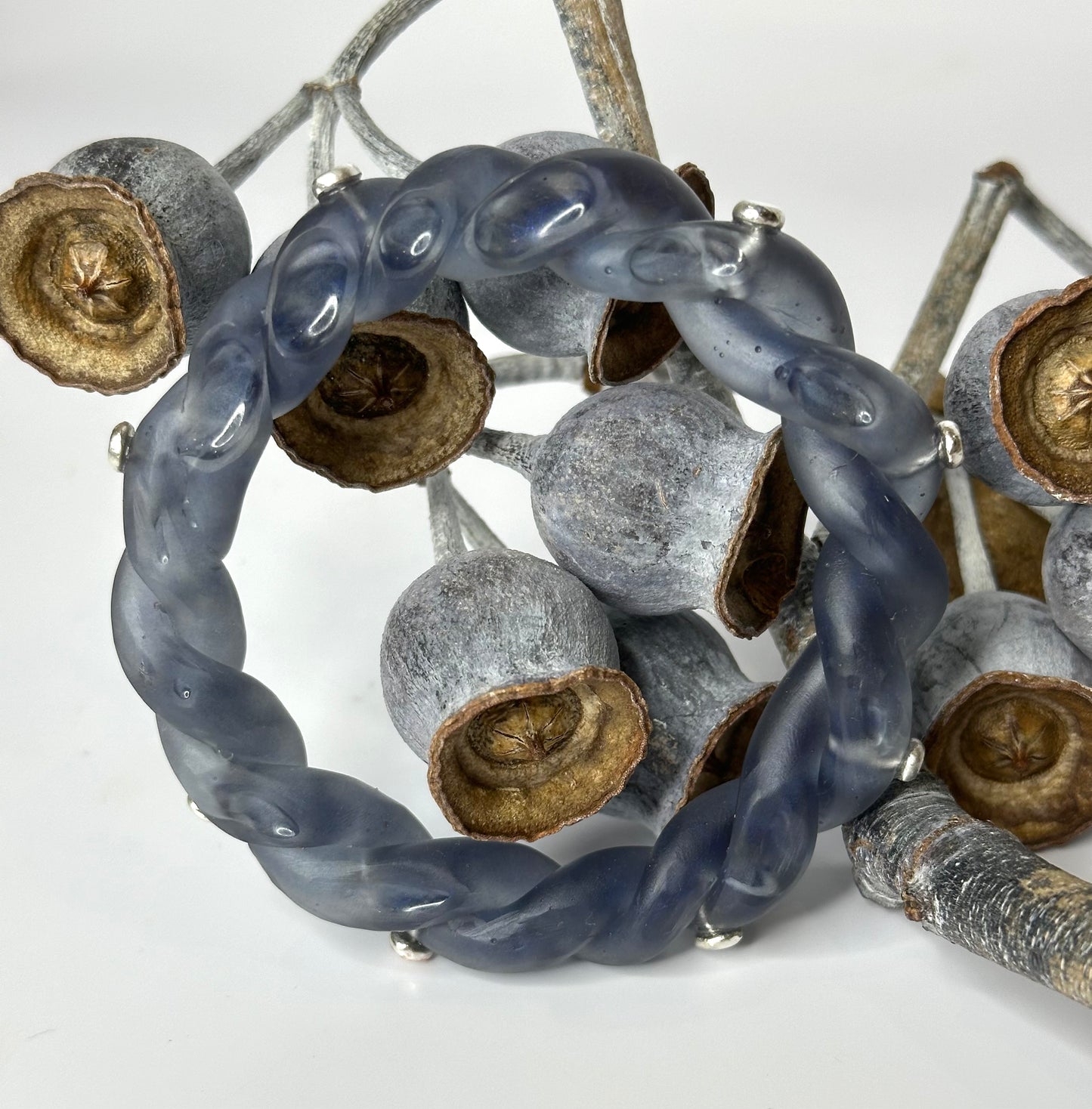 Dusty Blue/white swirl twisted resin & silver bangle