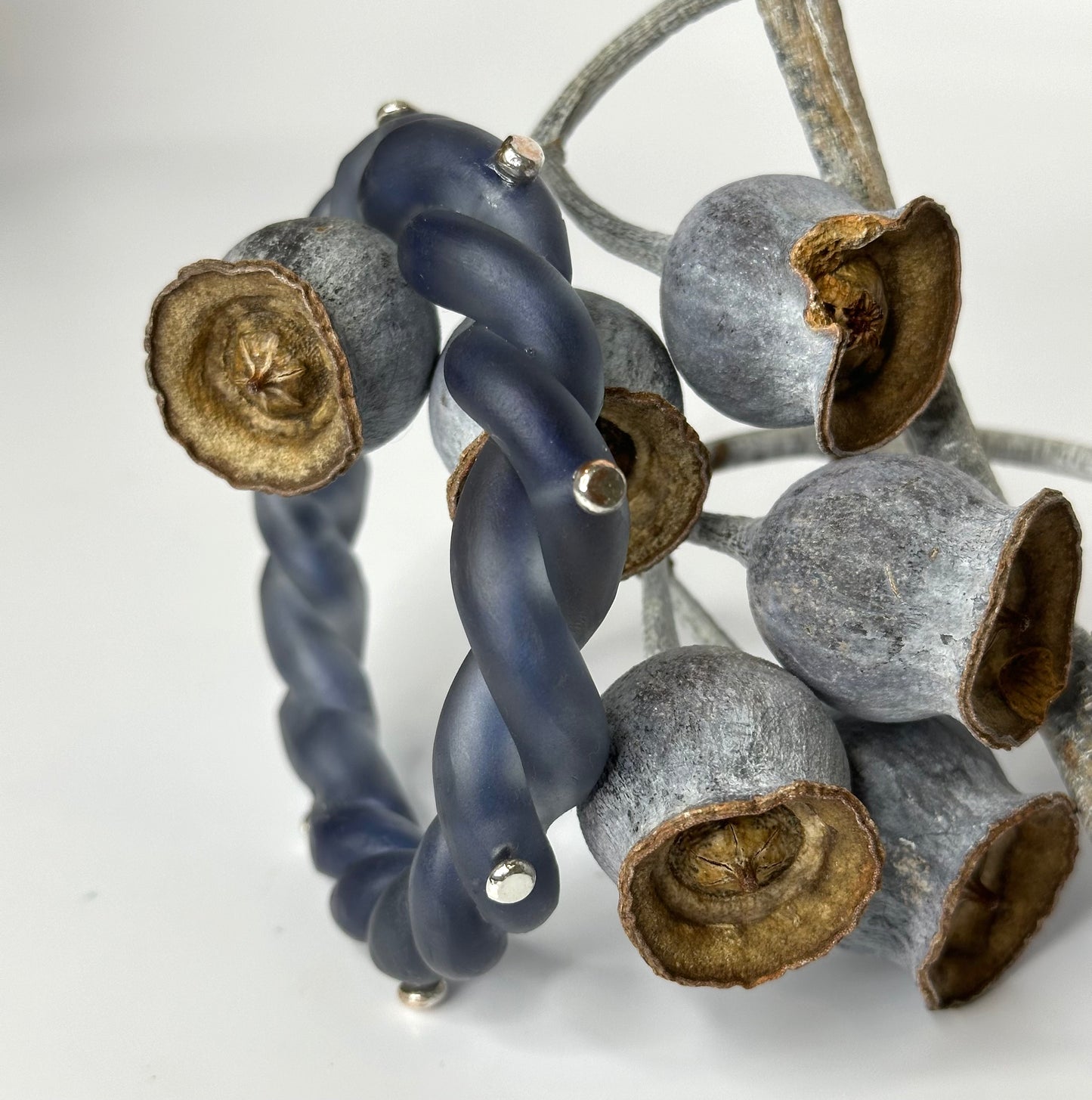 Dusty Blue twisted resin & silver staples bangle