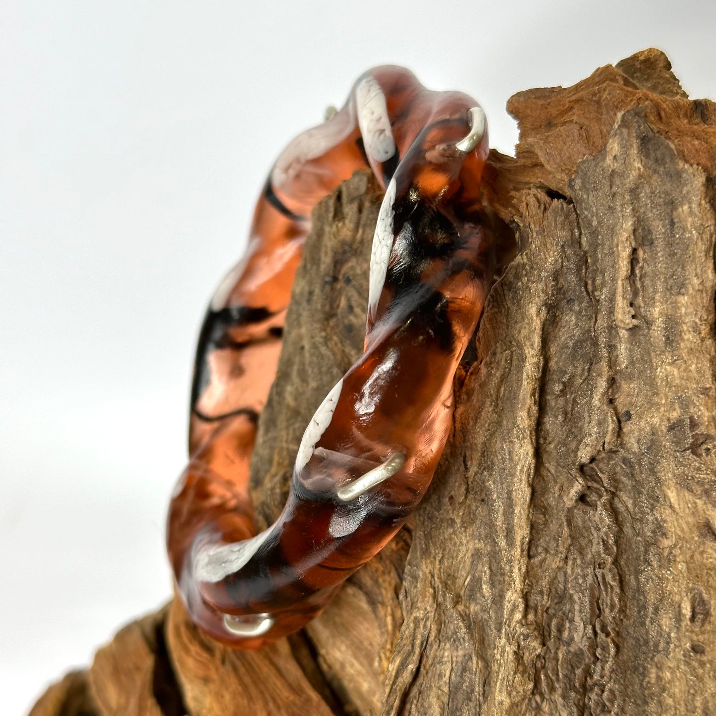 Brown/black/white swirl Chunky twist resin & silver bangle