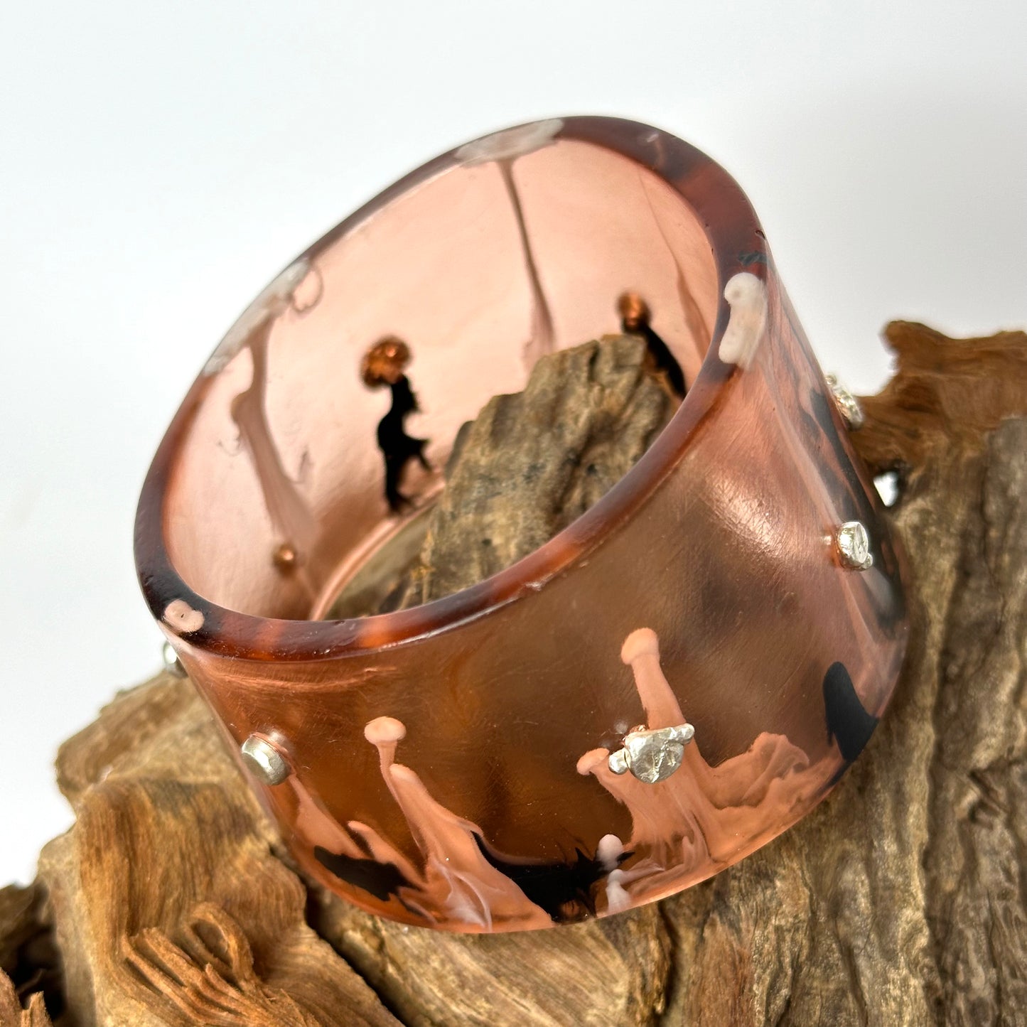 Wide Brown/black/white Resin & silver Bangle