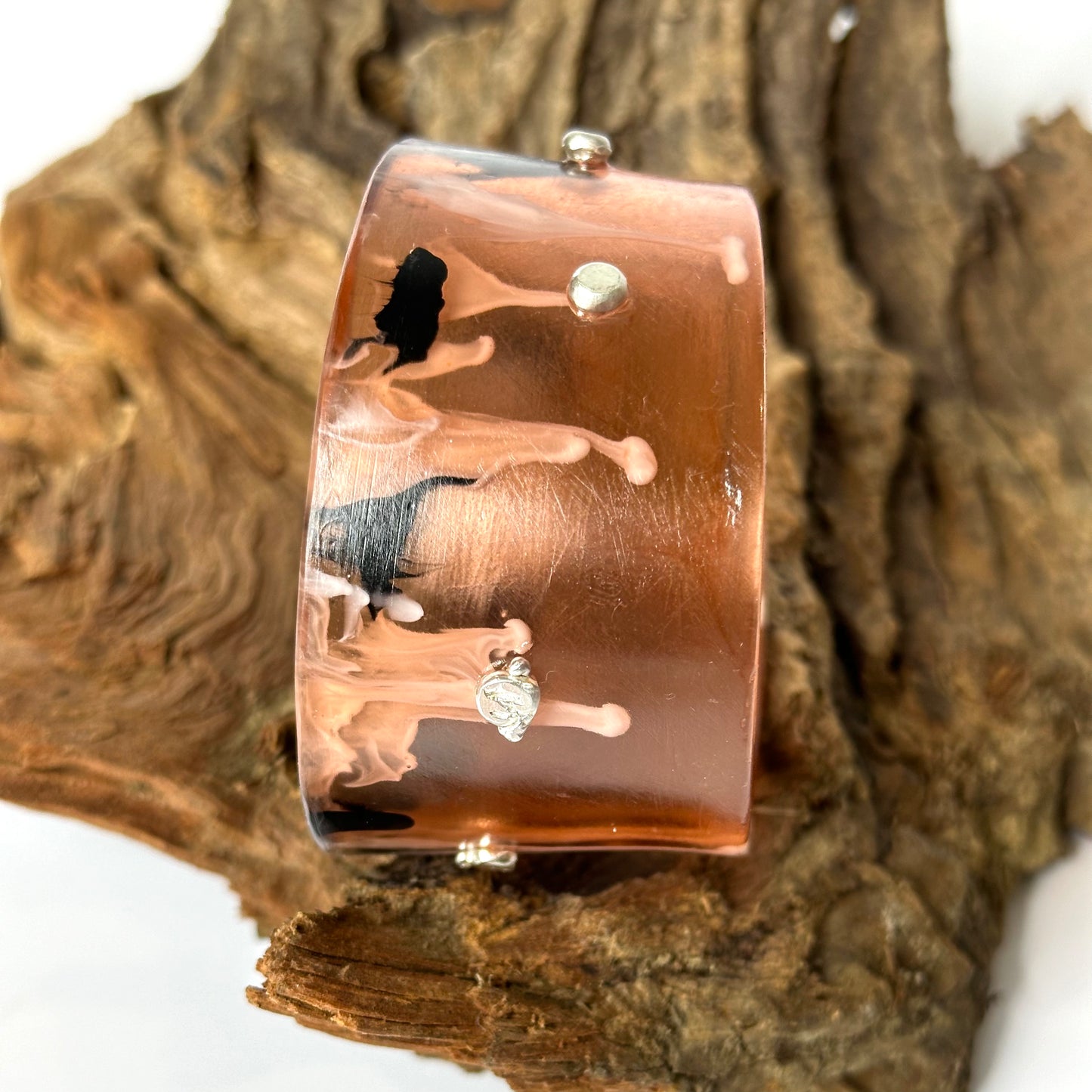 Wide Brown/black/white Resin & silver Bangle