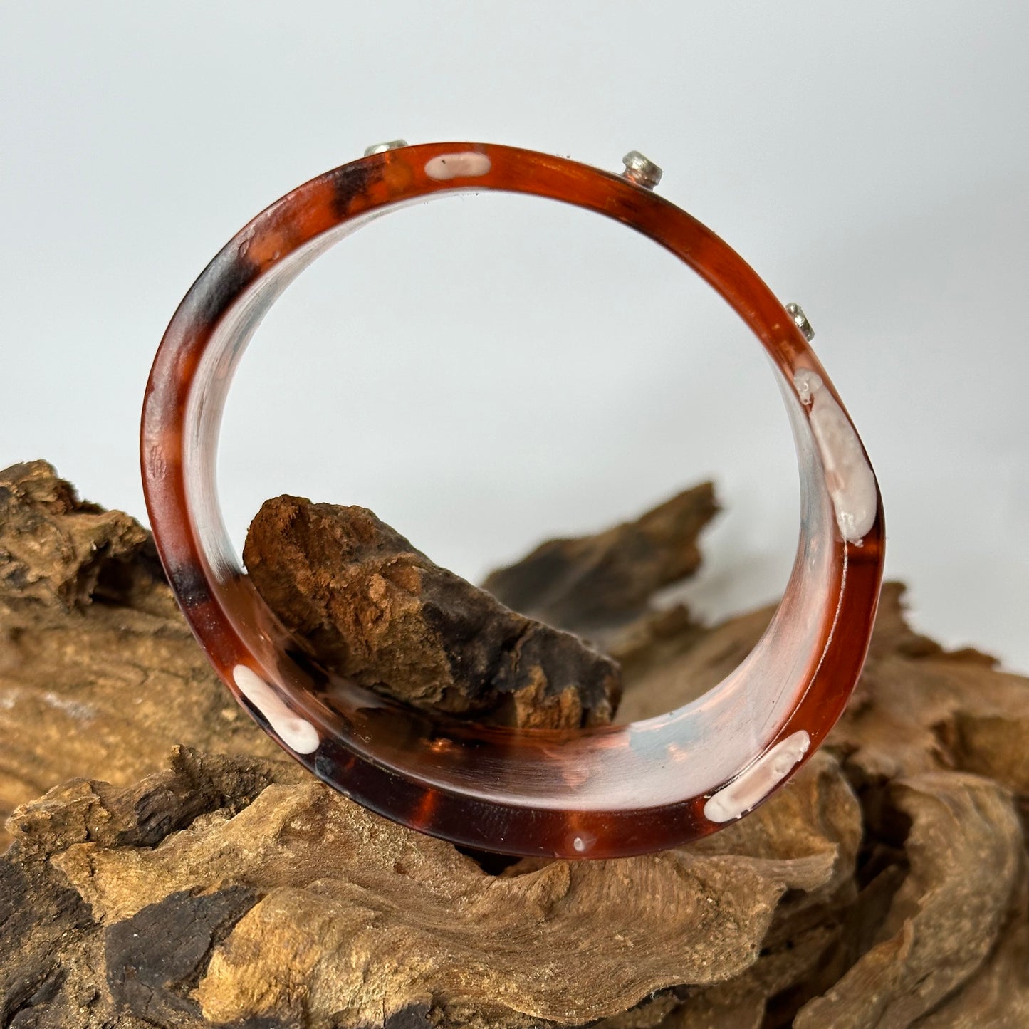 Wide Brown/black/white Resin & silver Bangle