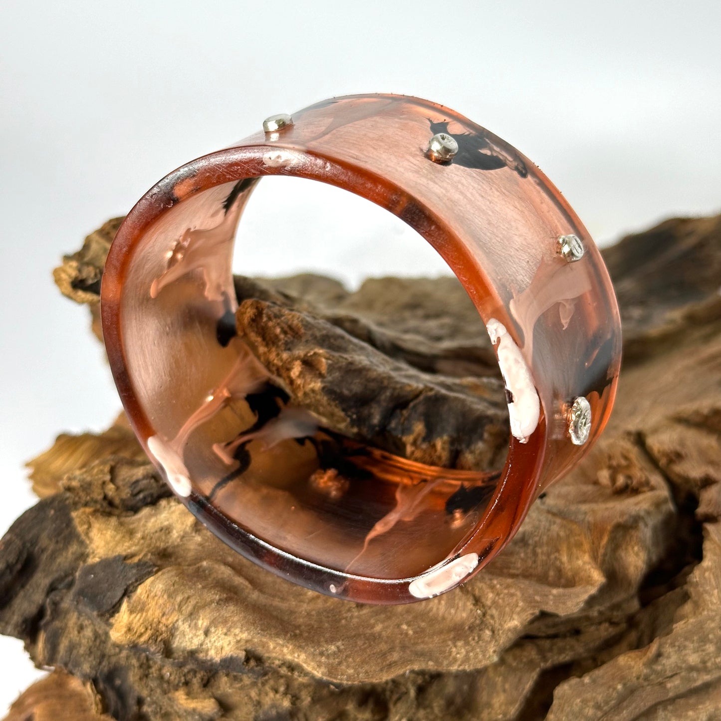 Wide Brown/black/white Resin & silver Bangle