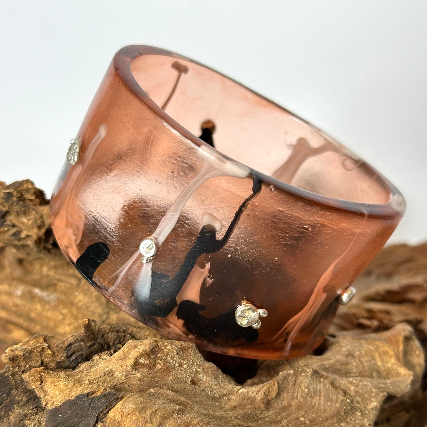 Wide Brown/black/white Resin & silver Bangle
