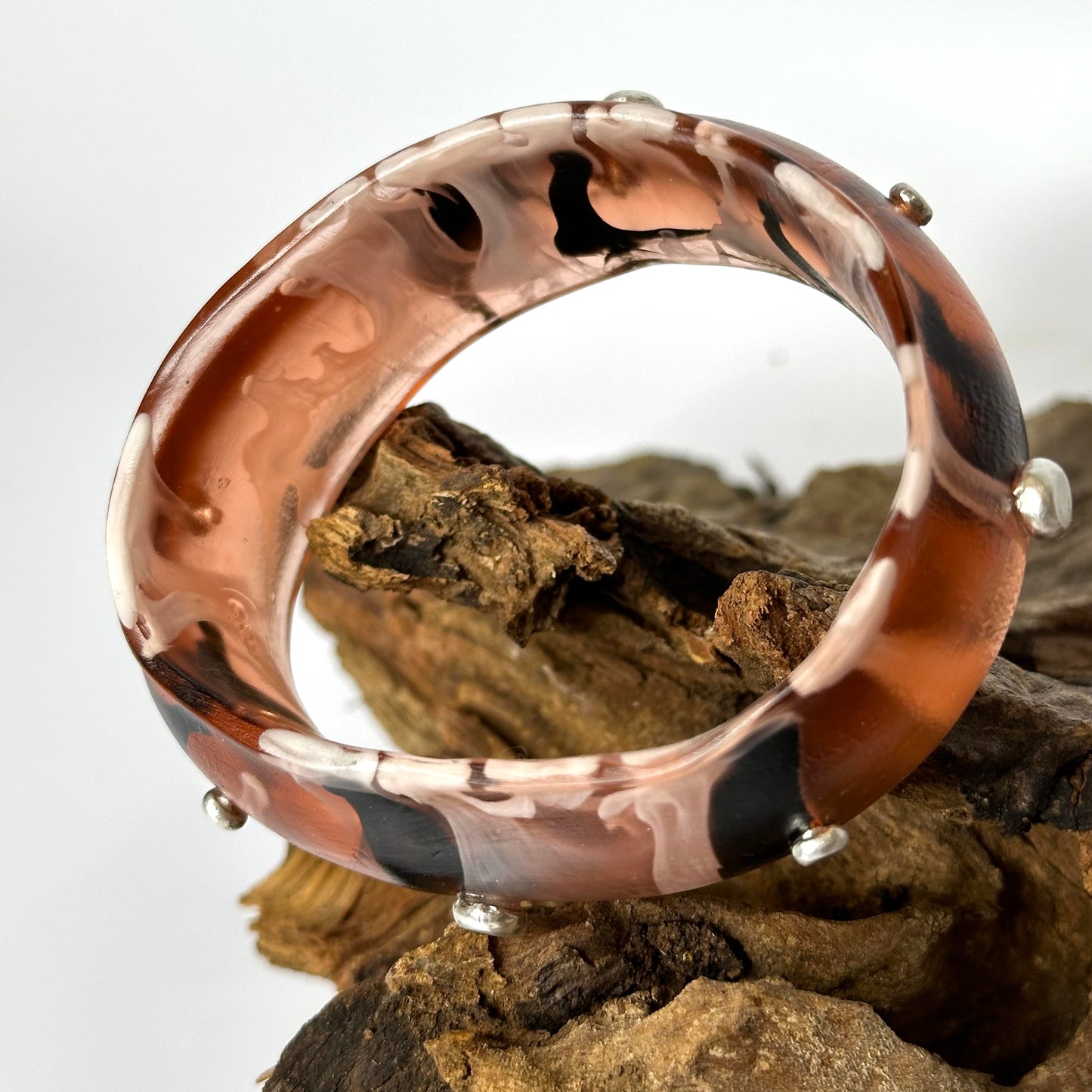 Brown/black/white swirl Resin & silver wide bangle