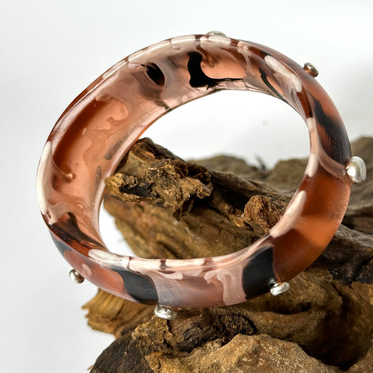 Brown/black/white swirl Resin & silver wide bangle