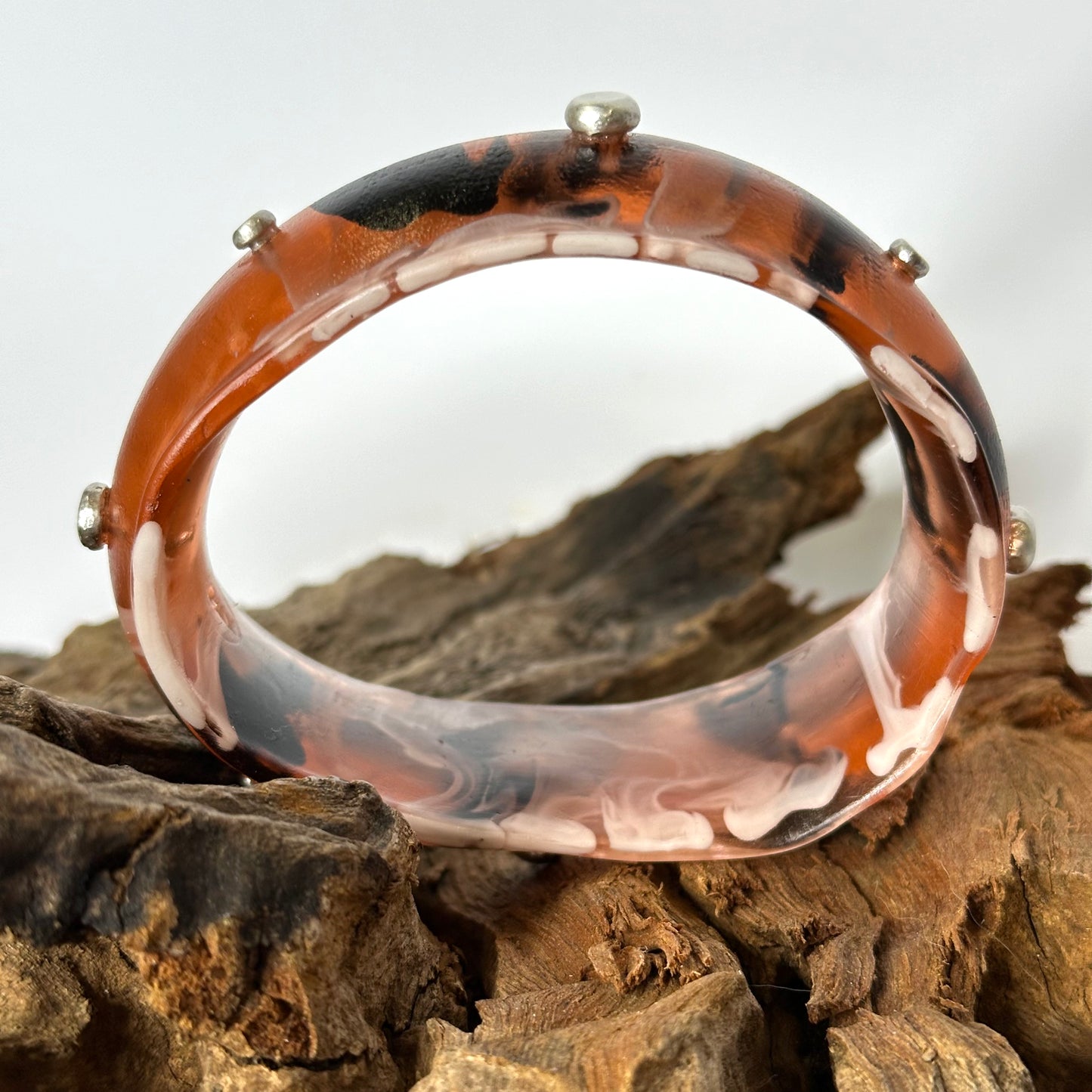 Brown/black/white swirl Resin & silver wide bangle