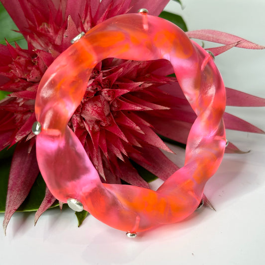Neon Pink/Orange Chunky twist resin & silver bangle
