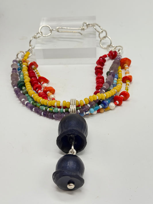 Multi coloured/multi strand with navy resin & silver gumnut pendant -semi precious stones with Sterling silver catch