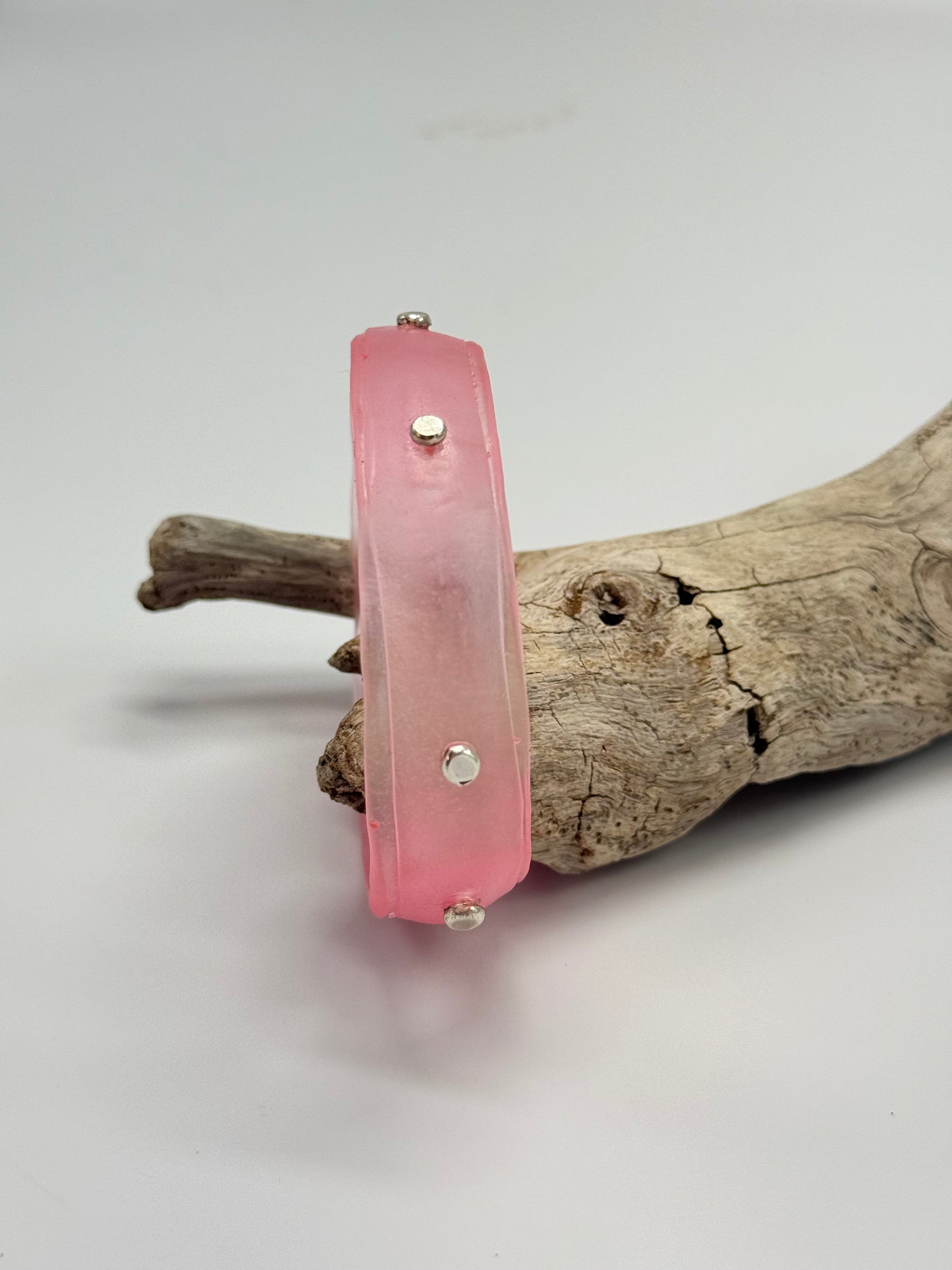 Translucent soft pink Rim resin bangle with Sterling silver XL