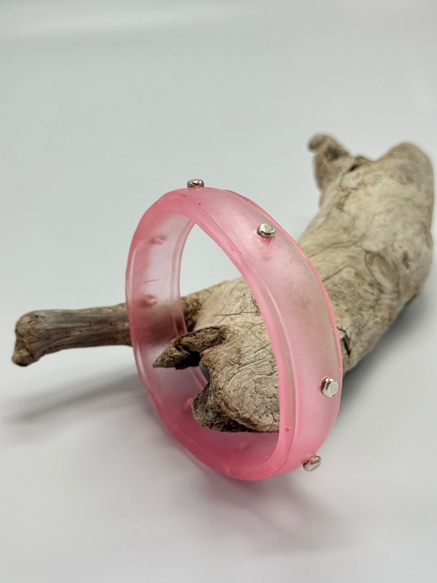 Translucent soft pink Rim resin bangle with Sterling silver XL