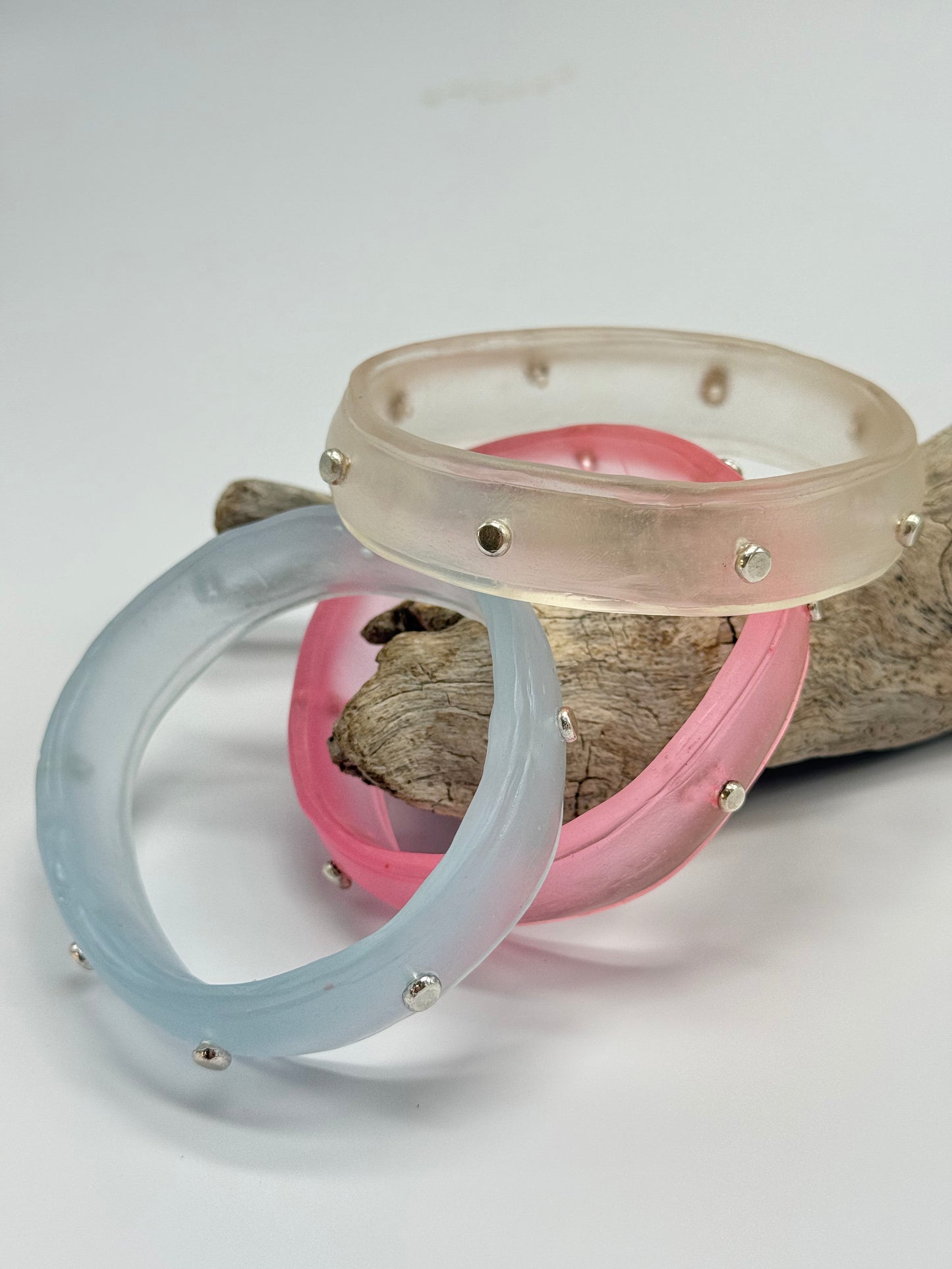 Translucent soft pink Rim resin bangle with Sterling silver XL