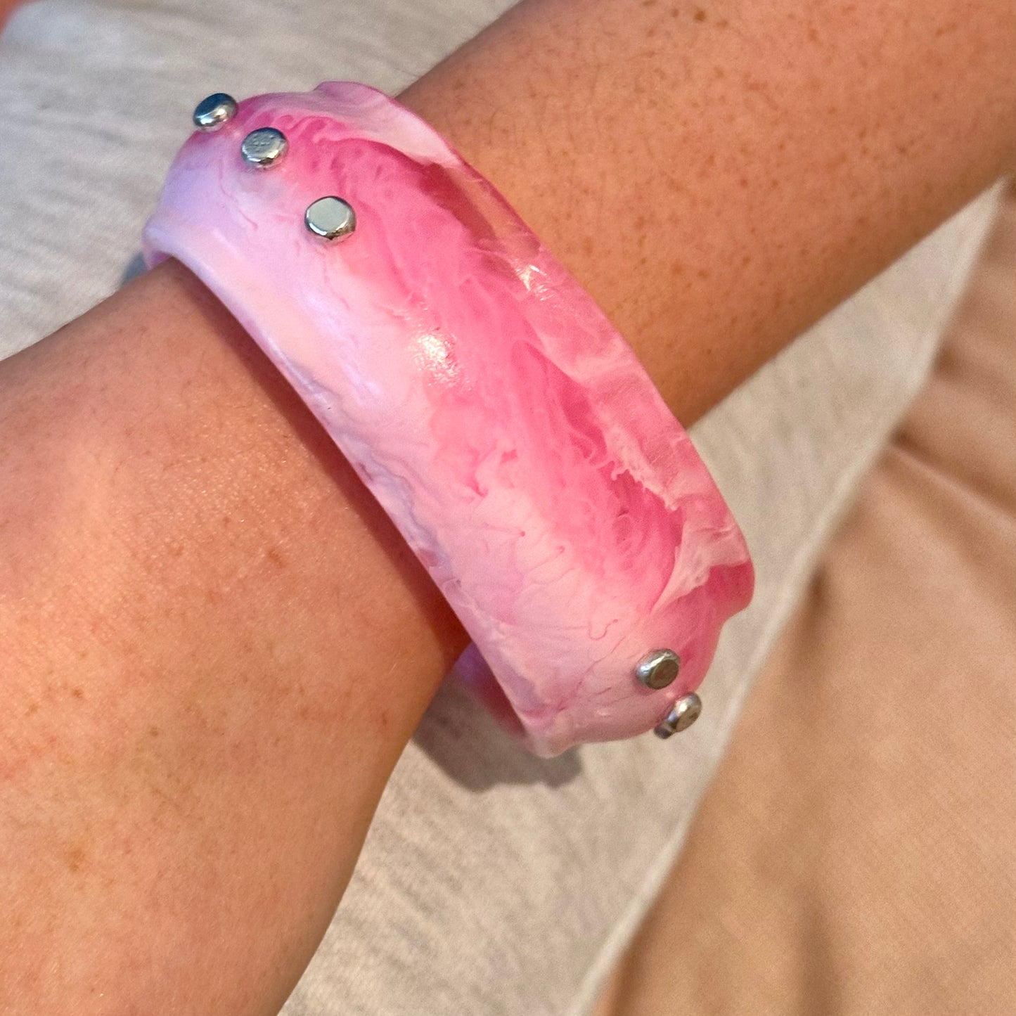 Pink/White swirl Resin & silver wide bangle - regular hand size