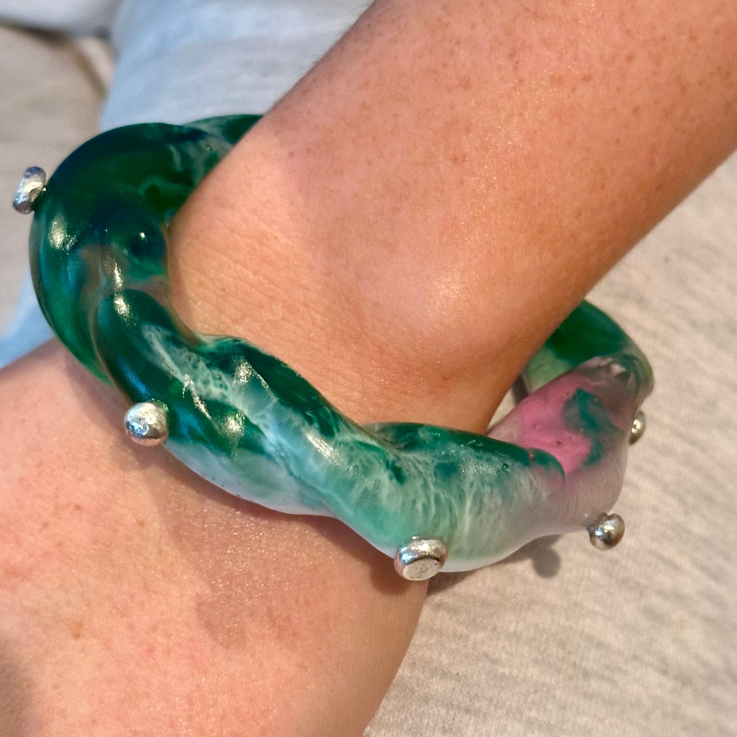 Green/Pink/white swirl Chunky twist resin & silver bangle